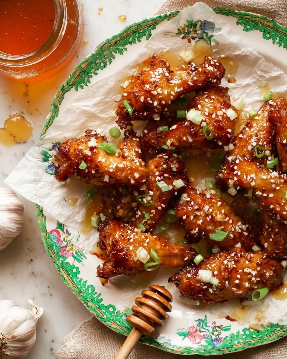 A close-up of a white plate with green floral patterns holding nine golden brown chicken wings coated with a shiny sticky sauce and sprinkled with white sesame seeds and chopped green onions. The wings are placed on crumpled parchment paper, and a wooden honey dipper rests on the plate with some honey dripping on the wings. Part of a glass container filled with amber liquid is visible in the top left corner, and two garlic bulbs rest on the bottom left on a white marbled surface. photo taken with an iphone --ar 4:5 --v 7