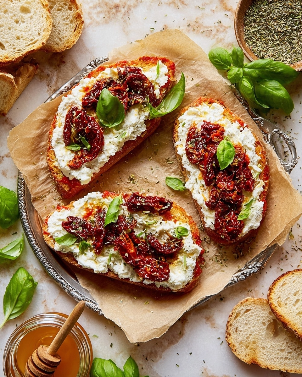 The image shows two slices of thick toasted bread on white parchment paper, placed on a white marbled surface. Each slice has three main layers: the base is golden brown toasted bread with a crunchy texture, the middle layer is a red tomato spread, and the top layer is white cottage cheese sprinkled with dried herbs. Scattered on top are dark red sun-dried tomatoes and fresh green basil leaves. A woman's hand is drizzling honey from a wooden honey dipper over one slice. In the background, there is a white bowl with honey and fresh green basil leaves. photo taken with an iphone --ar 4:5 --v 7
