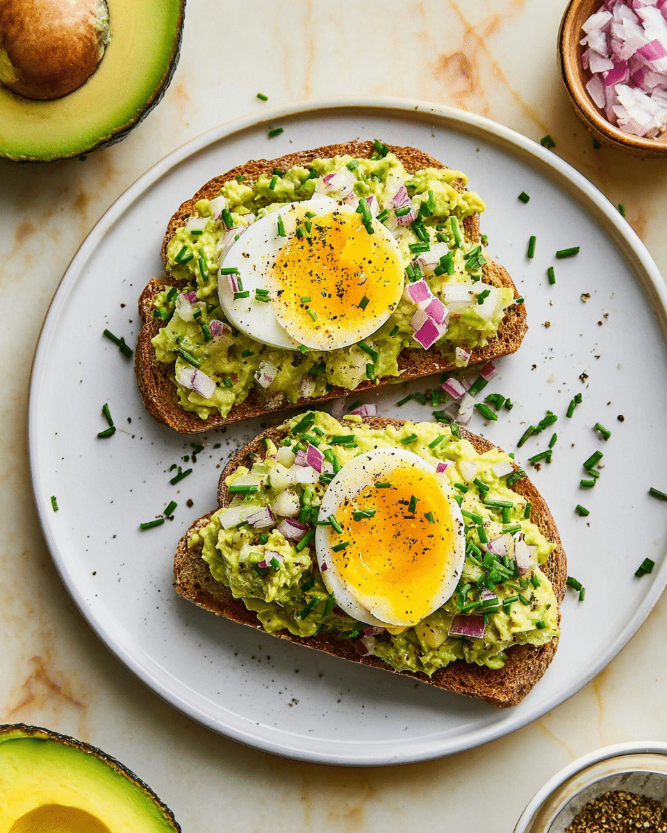 A white bowl filled with a chunky green avocado egg salad mixed with small pieces of red onion and herbs, topped with five halves of boiled eggs showing bright yellow yolks sprinkled with green chive bits and black pepper. Surrounding the bowl are halved avocados, slices of toasted white bread, yellow hexagon crackers, small green chives in a white scalloped bowl, and a small bowl of pepper on a white marbled textured surface. photo taken with an iphone --ar 4:5 --v 7