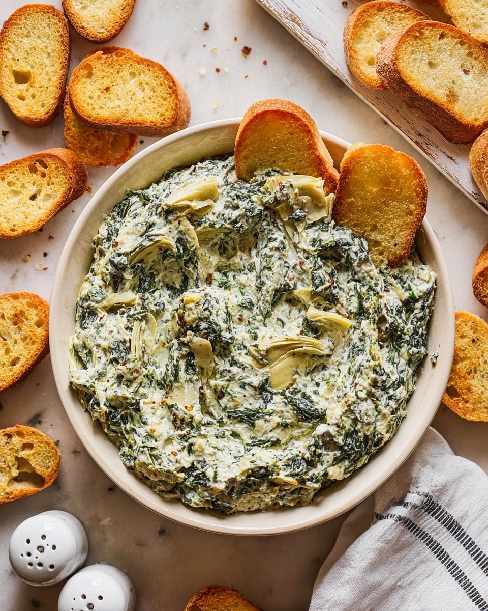 A white bowl filled with a thick, creamy spinach and artichoke dip that has a light green color with visible small pieces of spinach and artichoke throughout. The dip has a slightly chunky texture and is spread unevenly inside the bowl. Around the bowl, there are several toasted slices of baguette with a golden brown color and a few black pepper specks on top. A woman's hand is holding one toast dipped into the creamy mixture. The setting includes a white marbled textured surface beneath. Photo taken with an iphone --ar 4:5 --v 7