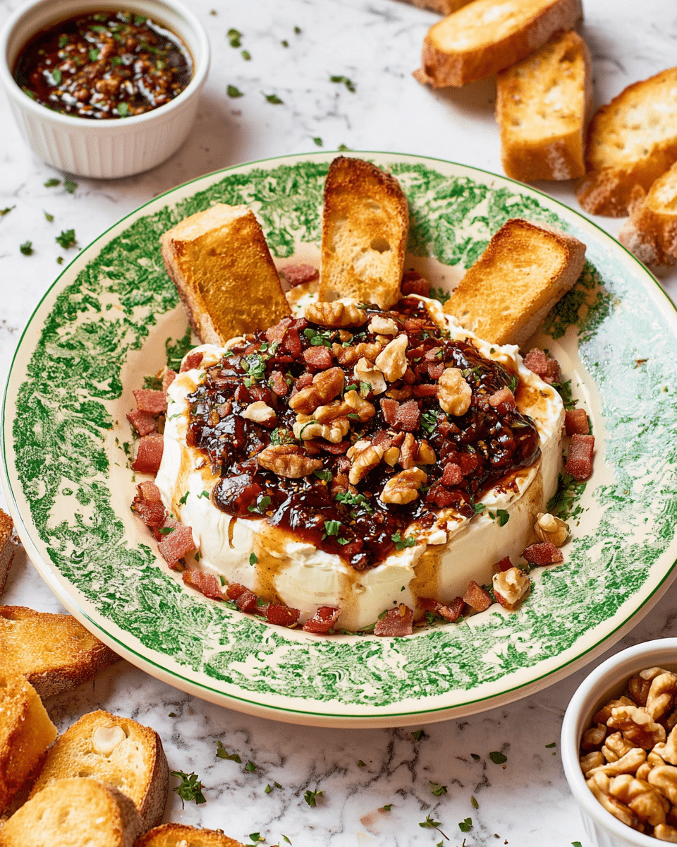 A plate with an ornate green and white pattern holds a layered dish made of a thick white creamy base spread evenly, topped with a dark red, shiny sauce covering most of the center. On top of the sauce are small pieces of crispy bacon and chopped light brown walnuts scattered all over. Four golden toasted baguette slices stand upright, partially inserted into the creamy base around the edge. Around the plate, there are several toasted baguette slices spread loosely. Small green herb leaves are scattered on the dish and around it on the white marbled surface. To the top left is a white bowl filled with a thick dark sauce with visible seeds, and to the lower right, another white bowl contains chopped walnuts. photo taken with an iphone --ar 4:5 --v 7