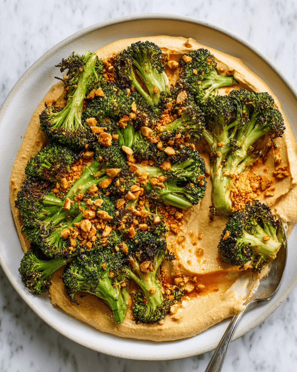 The dish shows one layer of smooth, creamy light brown hummus spread thick and evenly across a white plate. On top, there is a second layer of bright green roasted broccoli florets, some with lightly charred edges, arranged casually but mostly covering the hummus. Scattered over the broccoli and hummus is a sprinkling of small crunchy-looking crushed nuts in orange-brown tones. A silver spoon rests on the right side of the plate, slightly pressing into the hummus and holding some broccoli. The plate sits on a white marbled surface. Photo taken with an iphone --ar 4:5 --v 7