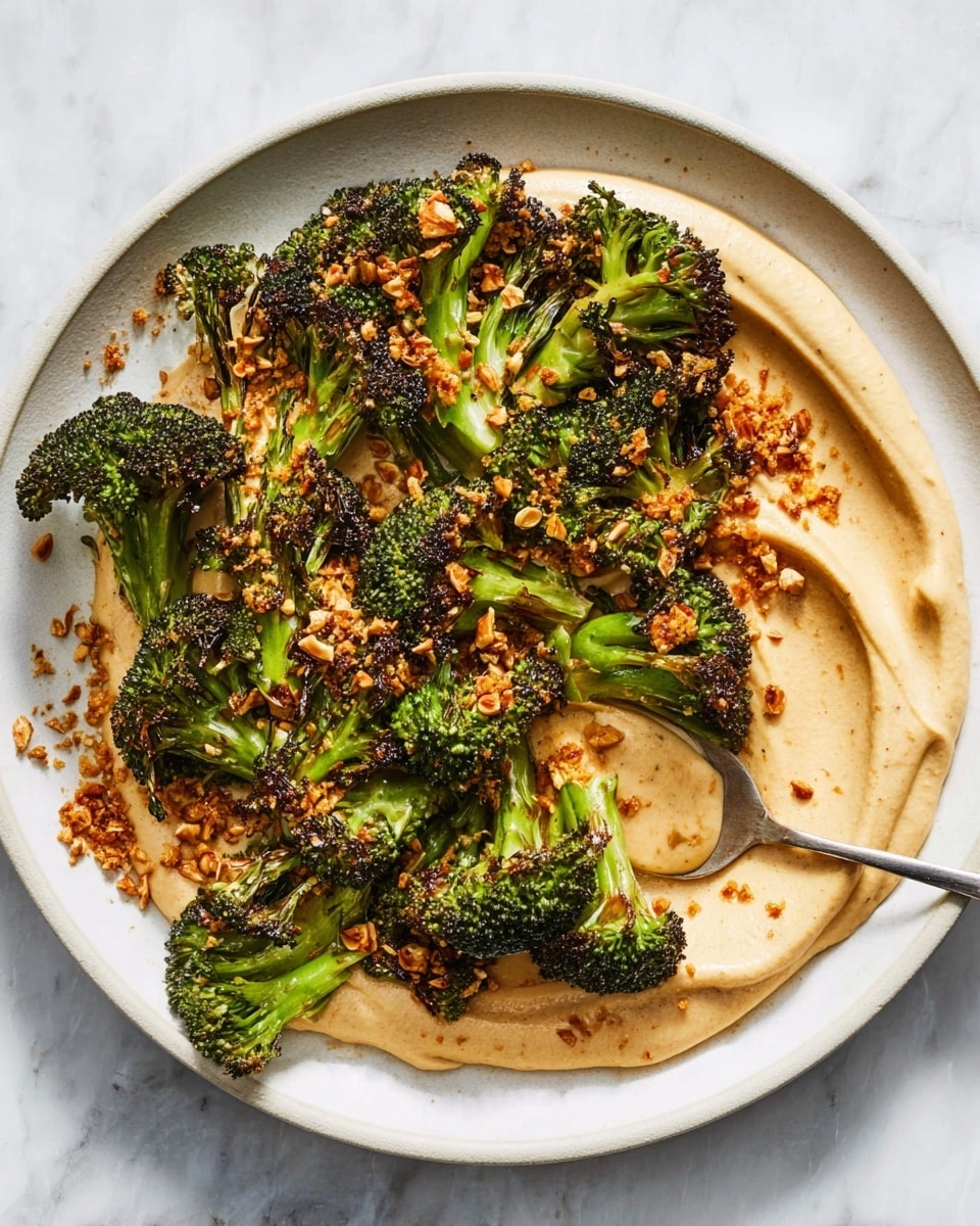A white plate holds a dish with two main layers: the bottom layer is a thick, creamy beige spread smooth across the plate with a slight swirl texture, and the top layer is a pile of charred, roasted green broccoli florets, scattered unevenly with small crunchy orange-brown bits sprinkled over them. A silver spoon rests on the plate, partially dipping into the creamy layer, revealing its smooth and thick texture. The scene is set on a white marbled surface. Photo taken with an iphone --ar 4:5 --v 7