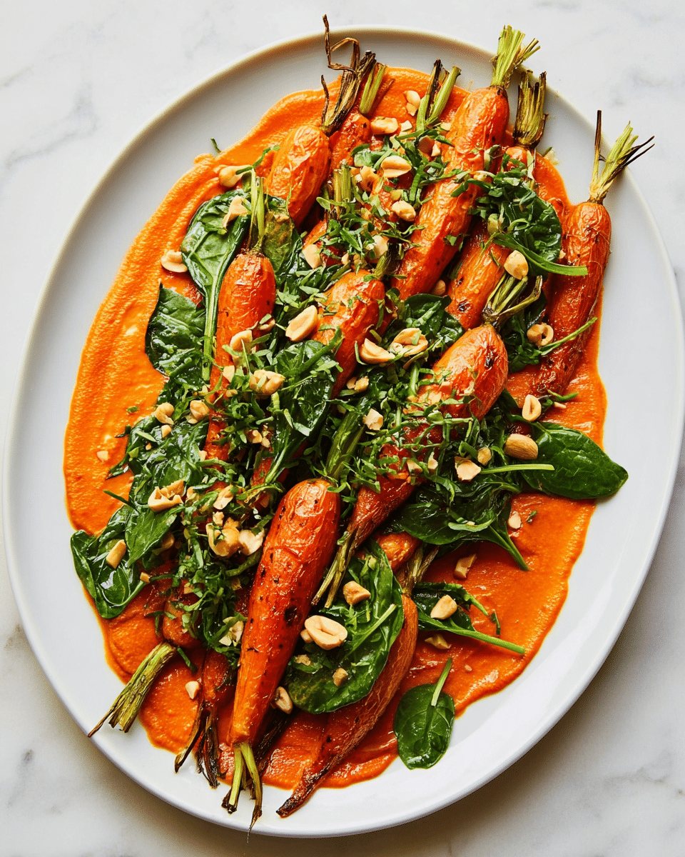 A white oval plate on a white marbled surface holds a dish with two main layers: the bottom layer is a smooth, thick, bright orange sauce spread across the plate, and the top layer consists of whole roasted baby carrots, golden-orange with slight charring, arranged in rows with green carrot tops still attached. Scattered on and around the carrots are fresh dark green spinach leaves, light green chopped herbs, and small pieces of pale tan nuts, adding texture and color contrast. photo taken with an iphone --ar 4:5 --v 7