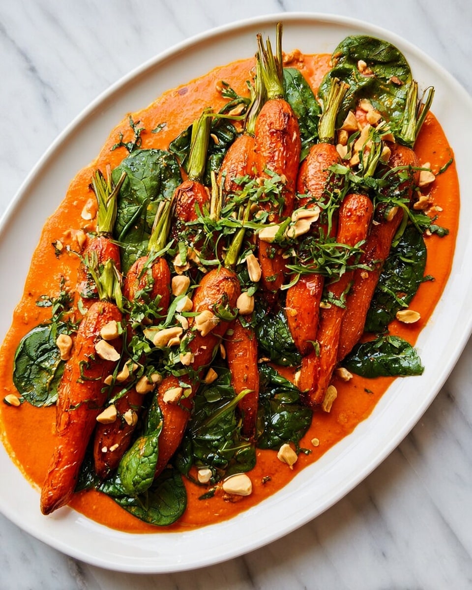 A white oval plate is filled with a layer of thick orange sauce that covers the entire base. On top, there is one layer of whole roasted carrots arranged in a slightly overlapping way, their bright orange color contrasting with green spinach leaves scattered among them. The carrots have a slightly charred texture on the surface. Fresh green herbs are sprinkled over the carrots and spinach, adding texture and height. Small pieces of light brown nuts are scattered throughout, adding more detail to the dish. The plate is set on a white marbled texture. photo taken with an iphone --ar 4:5 --v 7