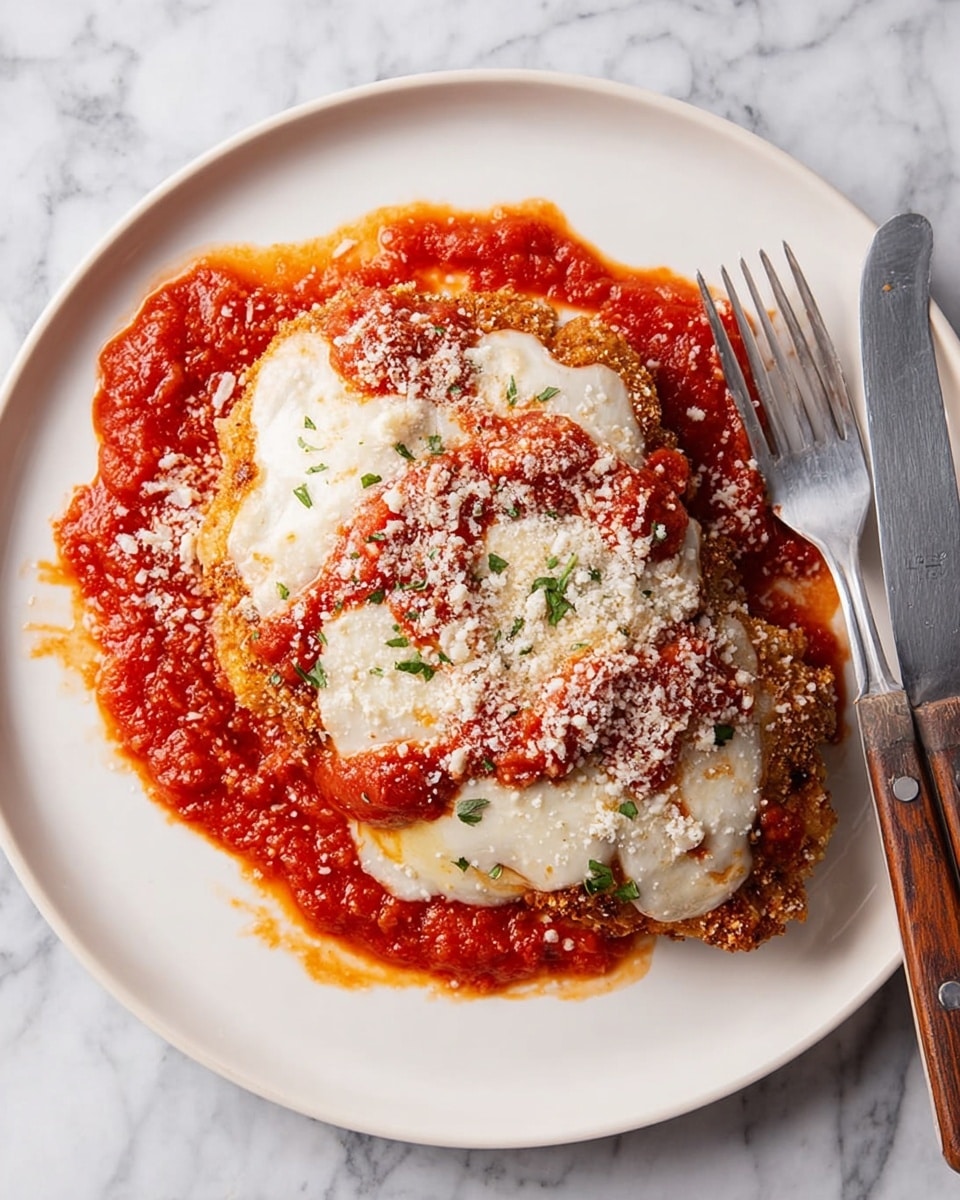 A white plate holding a large piece of chicken parmesan with multiple layers: the bottom layer is breaded golden brown chicken, topped with a thick layer of smooth melted white mozzarella cheese, covered unevenly with chunky red marinara sauce, and sprinkled generously with finely grated pale yellow parmesan cheese; the sauce spreads around the chicken in a splash pattern, adding a glossy texture. A fork and knife with wooden handles rest on the right side of the plate against a white marbled background. photo taken with an iphone --ar 4:5 --v 7