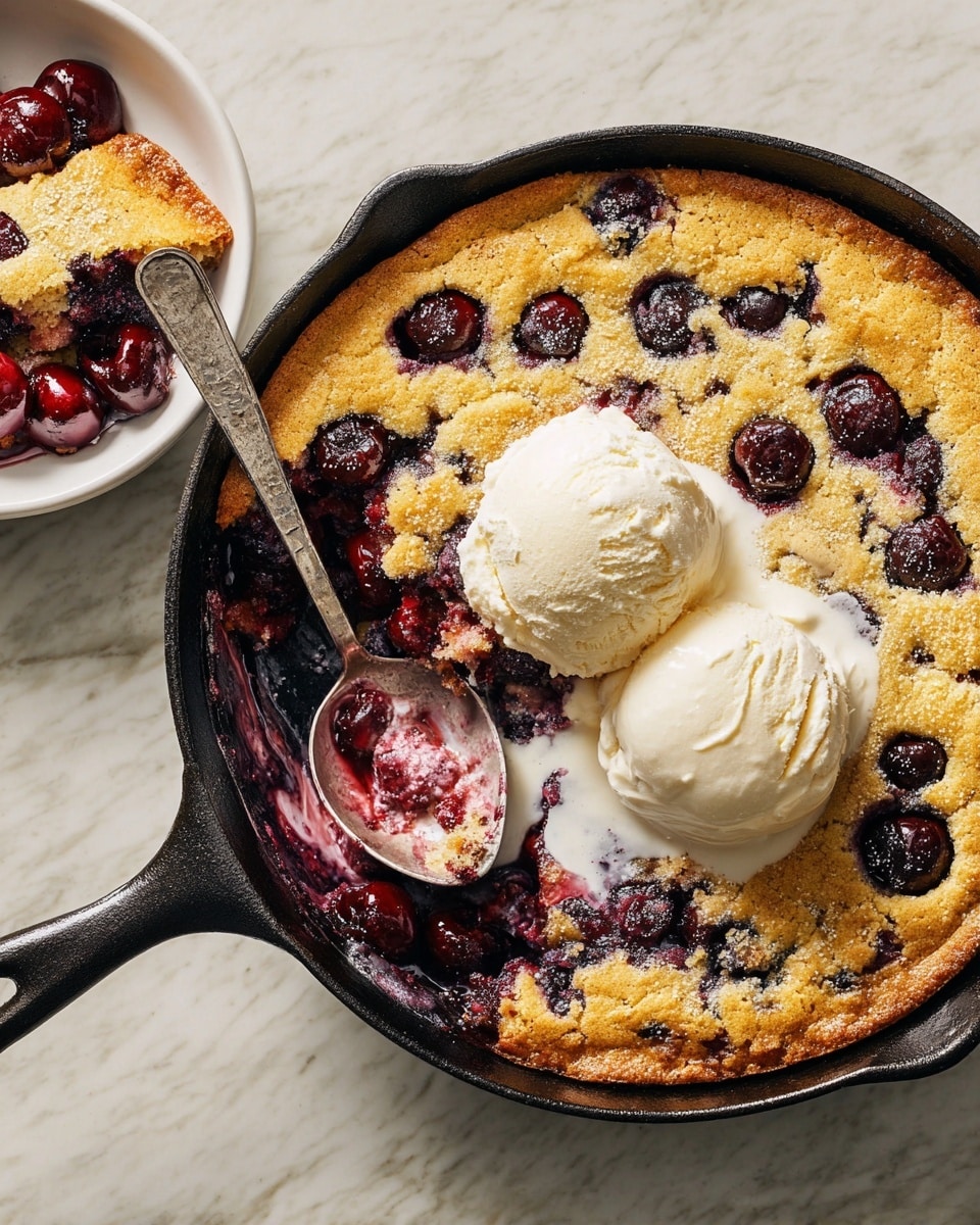 A cast iron pan filled with a golden brown cherry cobbler, showing whole dark red cherries baked into the thick cake layer, on a white marbled surface. Two scoops of creamy white vanilla ice cream rest on top of the cobbler, starting to melt and drip down the sides, blending with the warm cake. A spoon is scooping out a portion from the left side of the pan, revealing the soft moist inside with cherries. To the upper left, a white bowl holds a piece of the cobbler with melting ice cream paired on top. Photo taken with an iphone --ar 4:5 --v 7