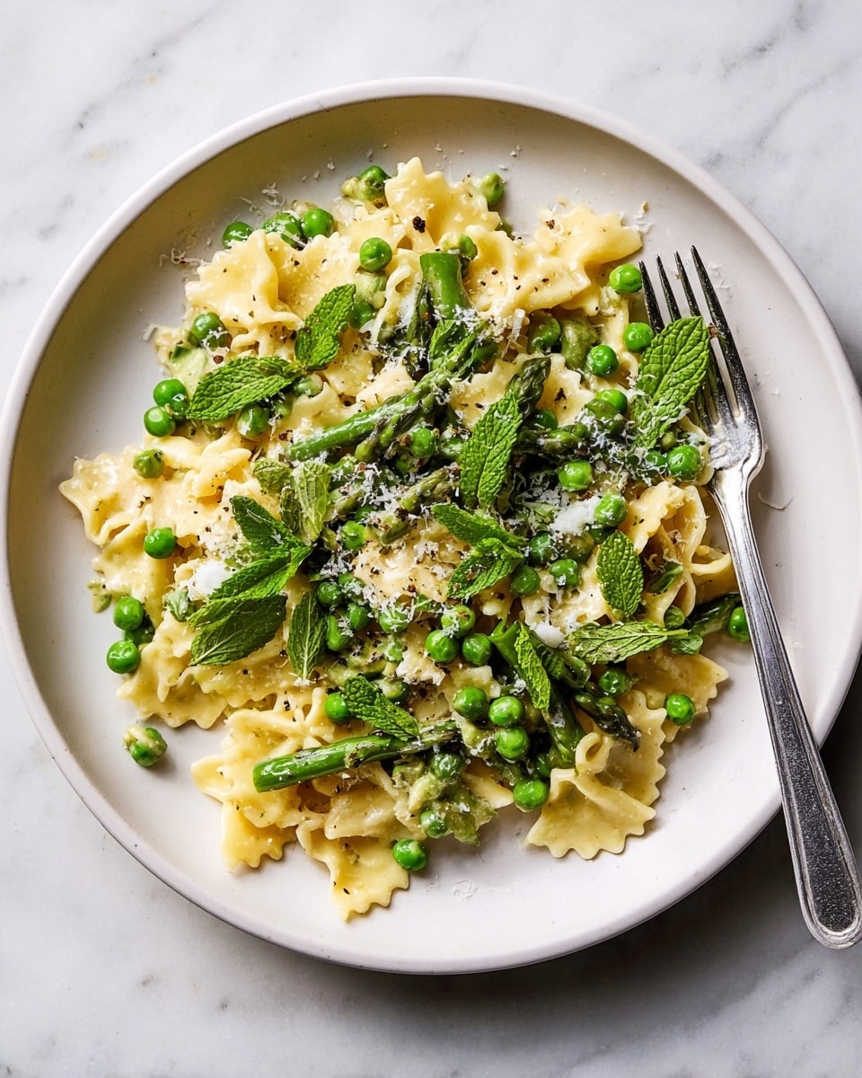 A white plate holds a fresh pasta dish with three main layers. The bottom layer is light yellow cooked pasta with a wavy texture spread evenly. The middle layer has bright green peas and chopped asparagus pieces scattered throughout. The top layer features fresh mint leaves and a light sprinkle of grated cheese, adding texture and a creamy white color. A silver fork rests on the right side of the plate, and the dish is placed on a white marbled surface. Photo taken with an iphone --ar 4:5 --v 7