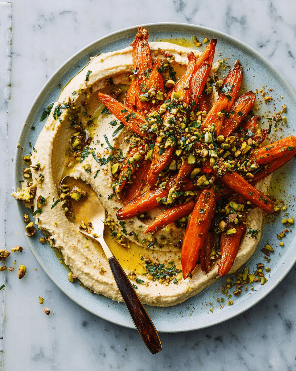A white plate holds a spread of creamy beige hummus as the first layer, thickly smeared with visible knife lines creating texture along one side. On top of the hummus, a second layer of bright orange roasted baby carrots is piled in the center, showing a slight caramelized shine. The carrots are sprinkled with chopped green pistachios and small bits of fresh green herbs scattered evenly across the top. A gold spoon with a dark wooden handle rests on the plate’s edge, smeared slightly with hummus, all set against a white marbled textured background. photo taken with an iphone --ar 4:5 --v 7