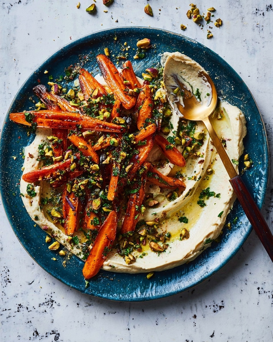 A deep blue plate sits on a white marbled texture surface, with a thick layer of creamy white spread artistically smeared across the right half of the plate, showing textured streaks and small green herb pieces mixed in. On top of the spread, there is a pile of glossy, roasted orange carrots, cut into different sizes, with visible char marks that add a crispy texture. Scattered around and over the carrots are chopped green pistachios and finely chopped herbs, mostly dark green, adding bursts of color and freshness. A large spoon with a gold-colored bowl and dark wooden handle rests on the right side of the plate, partially covered in the creamy spread. photo taken with an iphone --ar 4:5 --v 7