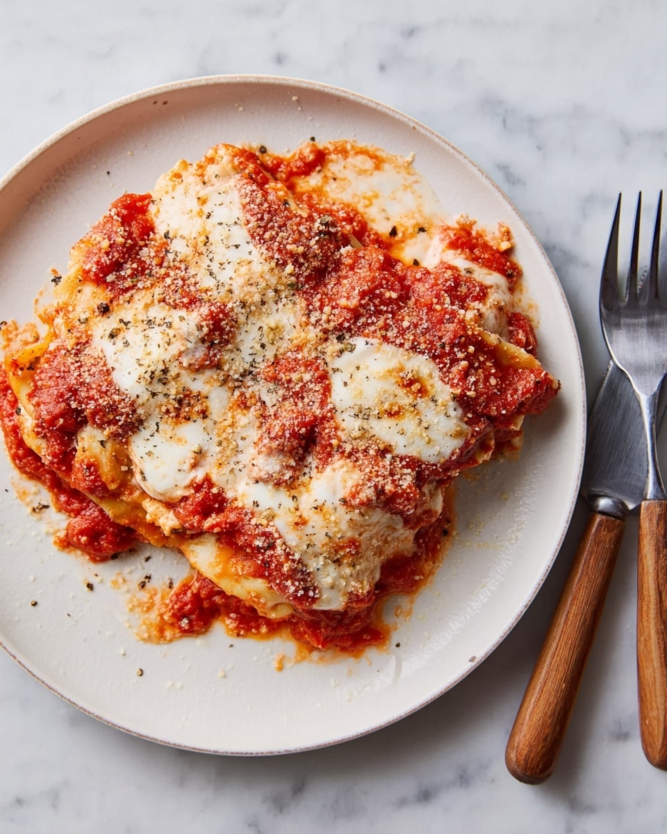 A white plate holds a serving of lasagna on a white marbled surface. The lasagna has multiple layers starting with a rich red tomato sauce spilling over the plate edges. On top, there are melted white cheese patches unevenly covering the dish, sprinkled with light beige grated cheese and bits of black pepper. The texture looks soft and slightly chunky from the sauce and cheese mix. To the right of the plate, a knife and fork with wood handles rest neatly. photo taken with an iphone --ar 4:5 --v 7