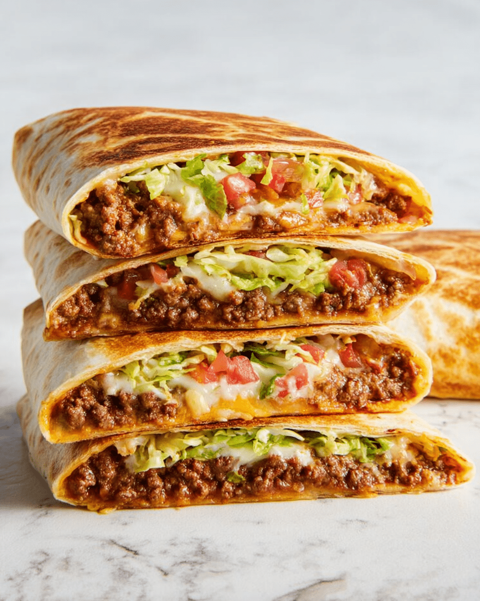 A stack of four folded burrito halves with a golden-brown toasted tortilla on the outside is shown on a white marbled surface. Each burrito half reveals three visible layers inside: a top layer of cooked ground beef in a rich brown sauce, a middle layer of shredded pale green lettuce, and a bottom layer with a mix of diced red tomatoes and melted creamy cheese. Behind the stack, a whole folded burrito with the same toasted tortilla sits flat. The burritos are arranged close together showing the layered filling clearly. Photo taken with an iphone --ar 4:5 --v 7