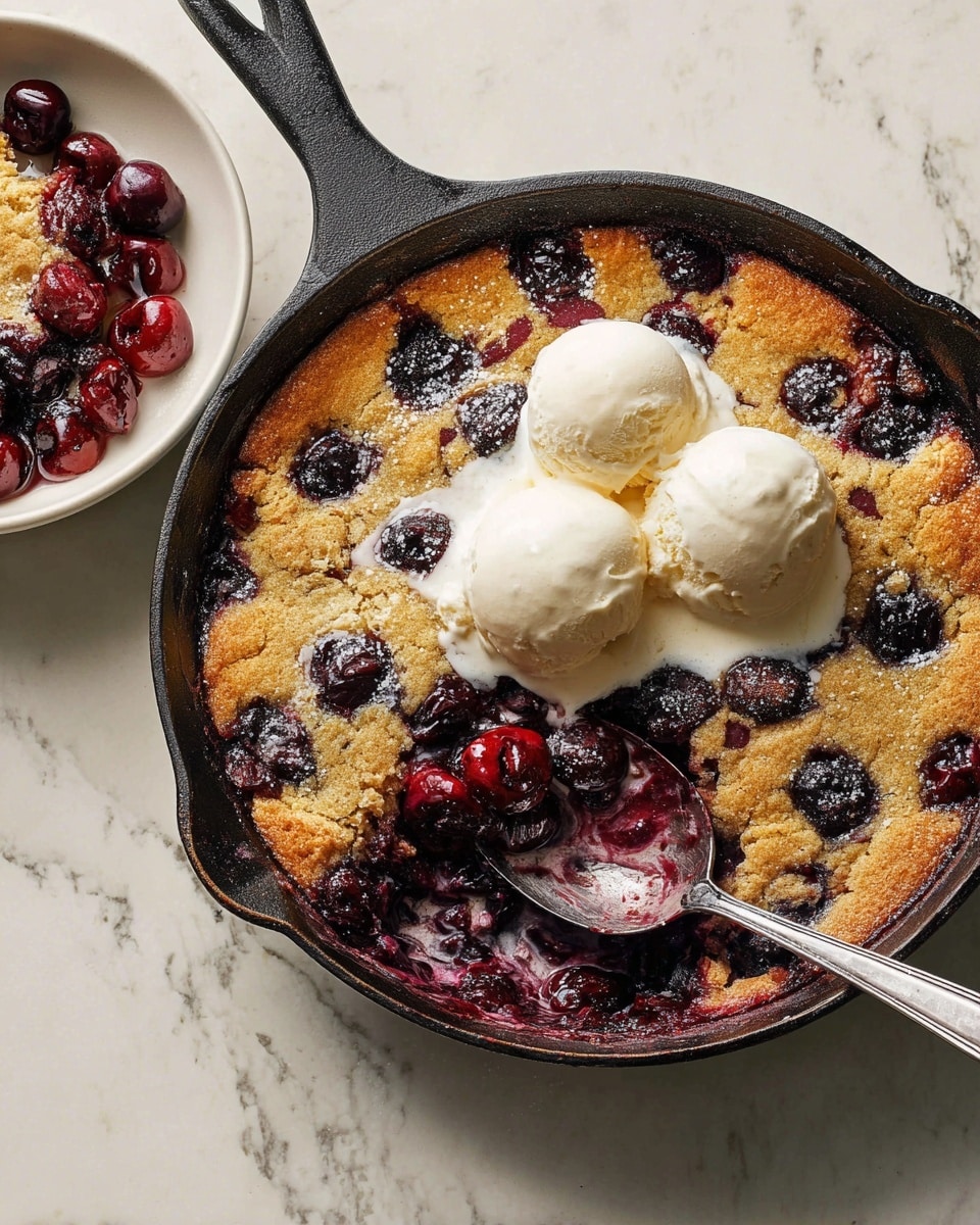 A warm cherry cobbler in a black cast iron skillet with a golden brown crust dotted with deep red and purple baked cherries. Two scoops of melting vanilla ice cream sit on top, creamy and white, with some melting down into the cobbler causing a milky swirl. A metal spoon rests in the skillet, scooping out a portion to the side. Next to the skillet is a white bowl holding a serving of the cobbler with ice cream. All is set on a white marbled surface. photo taken with an iphone --ar 4:5 --v 7