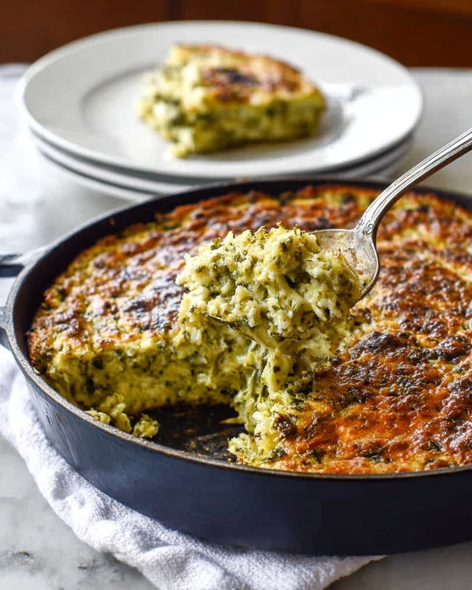 A round baked dish with a golden brown, slightly crispy top layer in a dark pan sits on a white marbled textured surface with a white towel under it; the dish is thick and creamy, mixed with green herbs or vegetables evenly spread inside. A silver serving spoon scoops out a portion, showing a moist, chunky inside with speckled green pieces, and the scooped piece is placed on a white plate in the background. Photo taken with an iphone --ar 4:5 --v 7