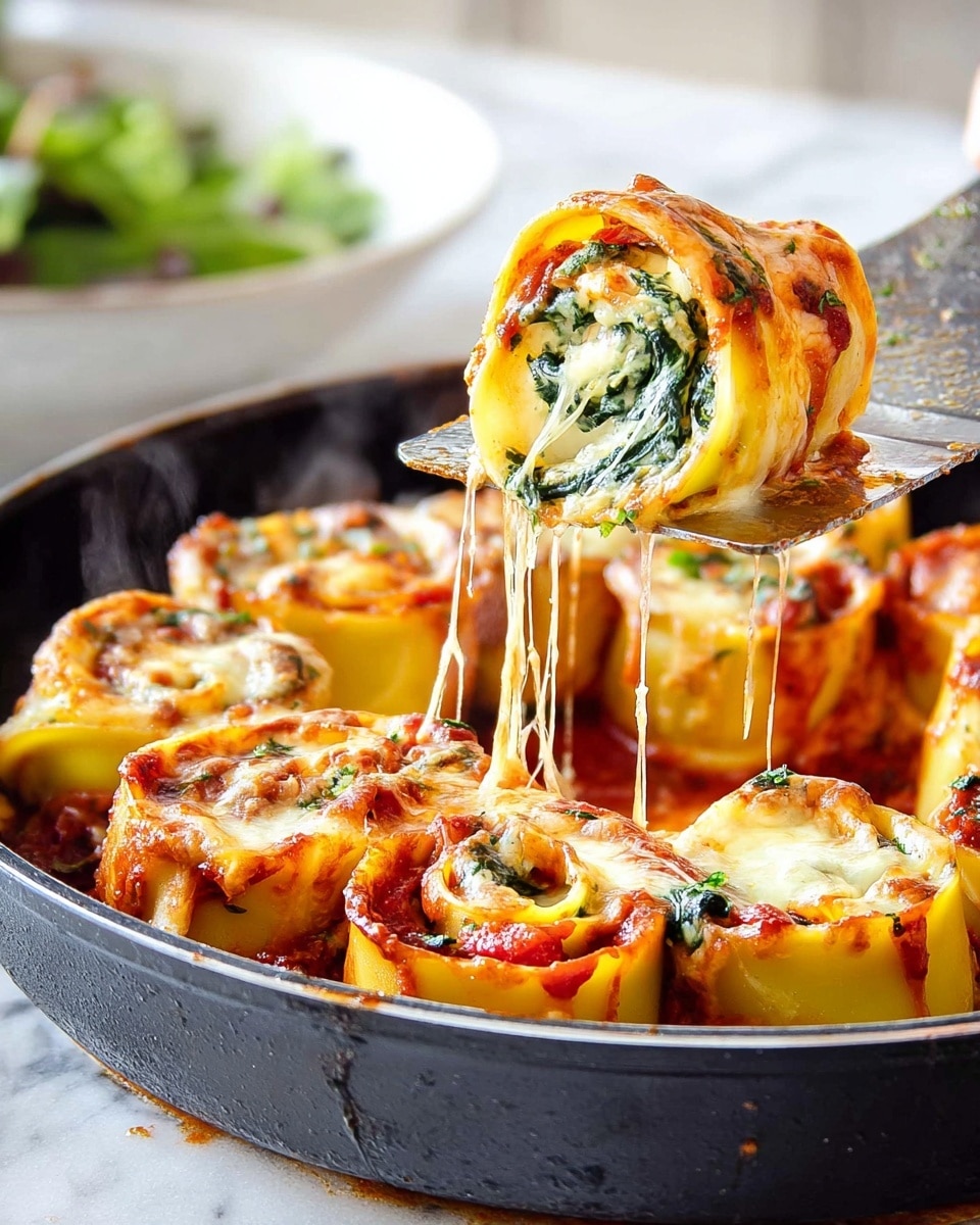 This image shows a black pan filled with rolled pasta that has three visible layers: the outer pasta is golden-yellow, the middle layer is bright red tomato sauce, and the inner layer is green spinach mixed with white cheese. Each pasta roll is topped with melted, light yellow cheese that bubbles and stretches as one roll is lifted with a silver spatula held by a woman’s hand. The pan sits on a white marbled surface with a soft focus green salad in a white bowl in the background. The overall look is warm and gooey with steam rising from the cheesy rolls. photo taken with an iphone --ar 4:5 --v 7