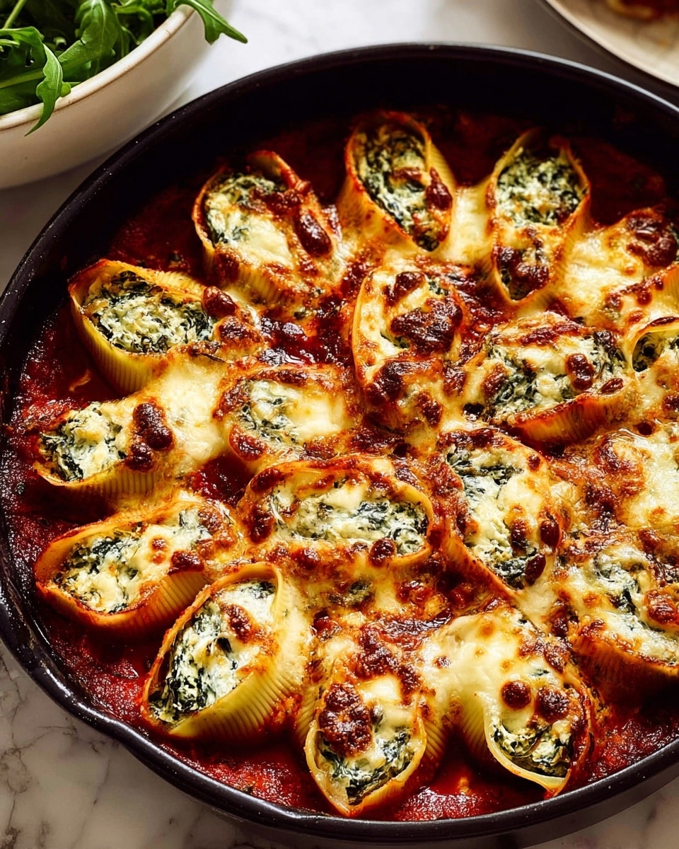 A round black baking dish filled with layers of rolled pasta shells stuffed with green spinach and white cheese mixture, arranged closely together in a single layer. The shells are covered with a rich red tomato sauce and melted golden-brown cheese that appears bubbly and slightly crispy at the edges. Spots of darker browned cheese add texture contrast on top. The background is a white marbled surface with a white bowl and some green arugula leaves partially visible near the dish edge. Photo taken with an iphone --ar 4:5 --v 7