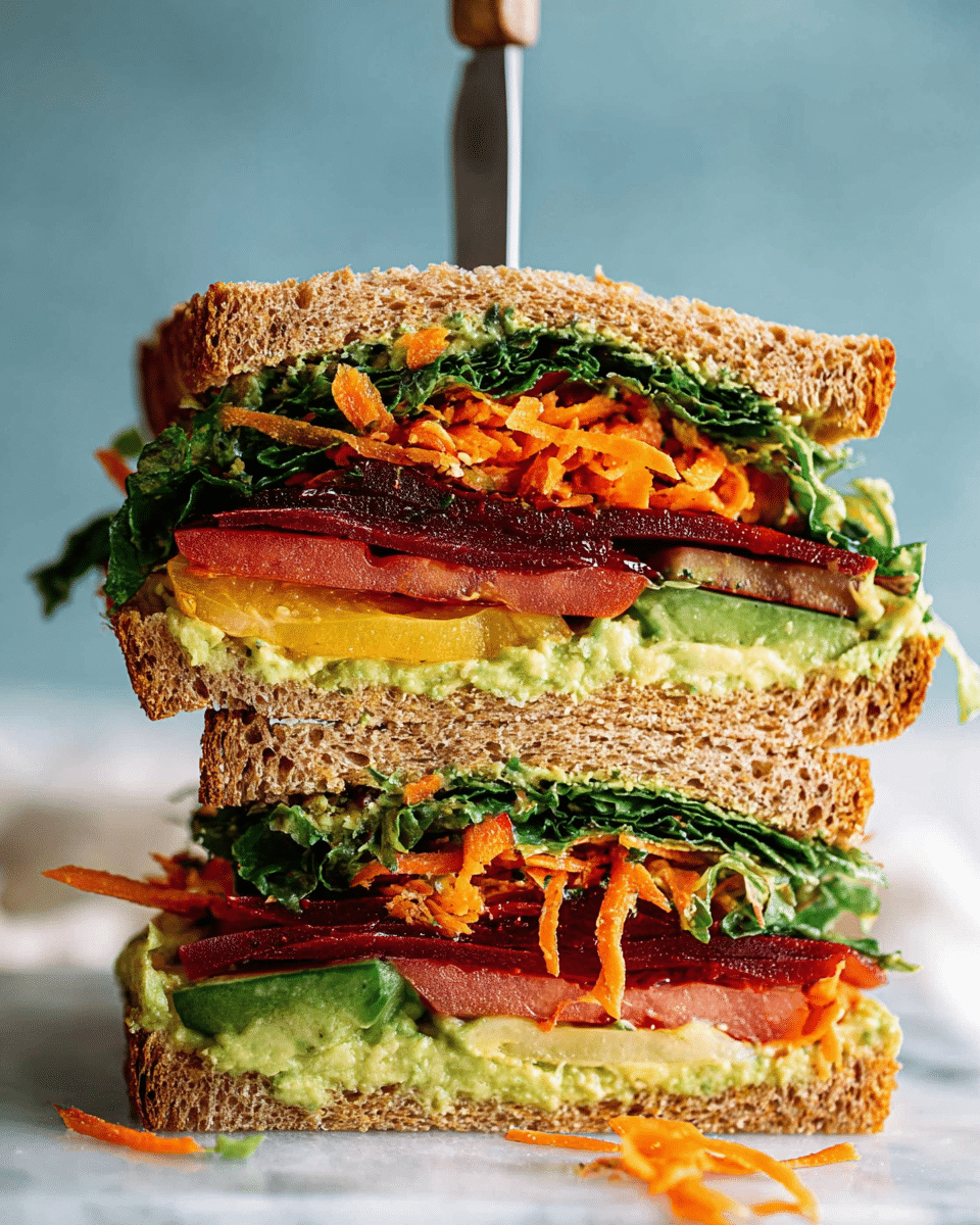 The image shows a sandwich cut in half and stacked, with a knife stuck in the top half. The sandwich has two slices of brown bread with a soft texture. The bottom layer inside is a spread of light green avocado. Above it is a layer of red tomato slices, followed by a thick layer of dark green leafy spinach. On top of the spinach, there are thin dark red beet slices, and orange shredded carrots spread over them. The layers are thick and colorful, with some avocado spread clinging to the bread edges and some spilled shredded carrot around. The sandwich is set on a white marbled surface with a blurred light blue background. photo taken with an iphone --ar 4:5 --v 7