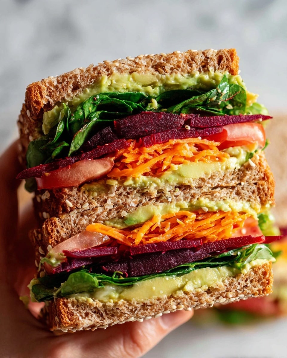 A close-up of a sandwich held by a woman's hand showing five layers inside two brown whole grain bread slices with sesame seeds on top. The bottom bread layer is spread with light green creamy avocado. Above it, there is a layer of red tomato slices, followed by a layer of dark green leafy spinach. On top of the spinach is a dark red beet slice layer, and above that is a layer of shredded bright orange carrots. The sandwich is set against a white marbled texture background. Photo taken with an iphone --ar 4:5 --v 7