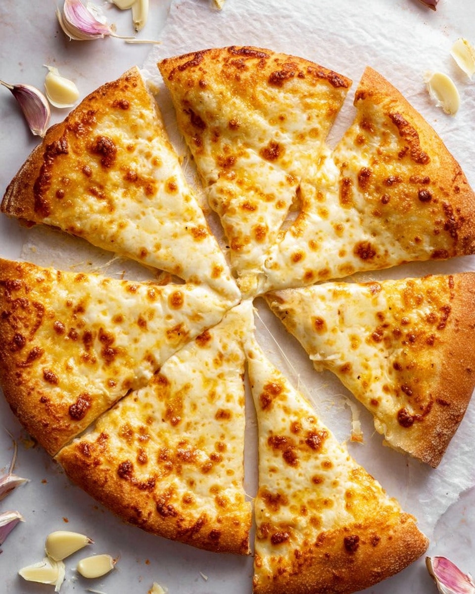 A whole round cheese pizza cut into eight slices is shown from above, with a golden-brown crust that looks soft and slightly thick. The top has one layer of melted cheese that is bubbly with browned spots scattered across it, giving a mix of creamy white and golden yellow colors. The cheese stretches slightly where one slice is pulled away from the rest. Around the pizza, pieces of peeled garlic cloves and garlic skin are scattered on a white marbled textured surface. photo taken with an iphone --ar 4:5 --v 7