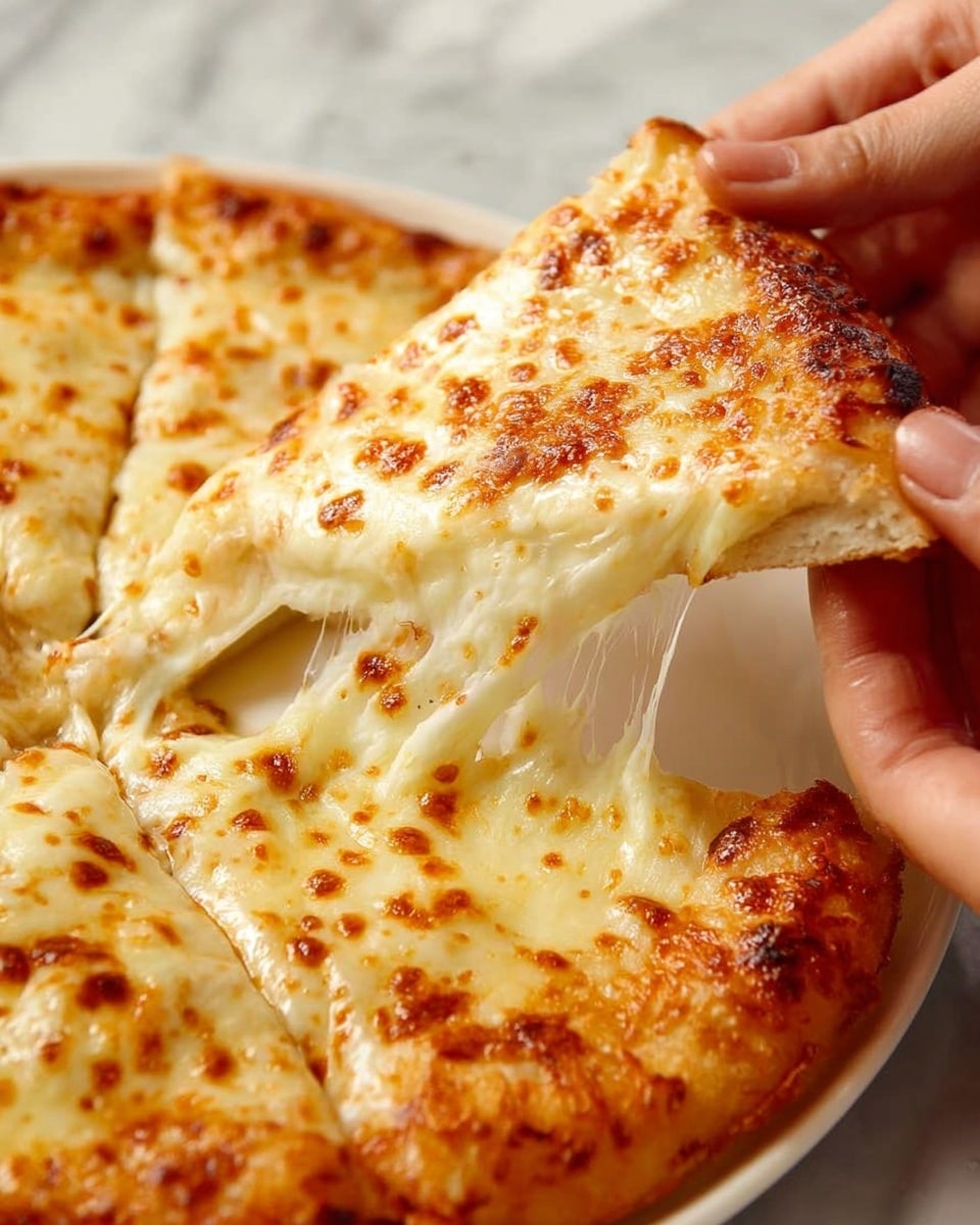 A close-up of a cheesy pizza with one slice being pulled away by two woman's hands, showing long stretchy melted white and golden cheese strands connecting the slice to the rest of the pizza. The pizza has a golden-brown baked crust and a smooth melted cheese layer on top with small browned spots. The background is a soft white marbled texture, and the pizza is on a white plate. photo taken with an iphone --ar 4:5 --v 7