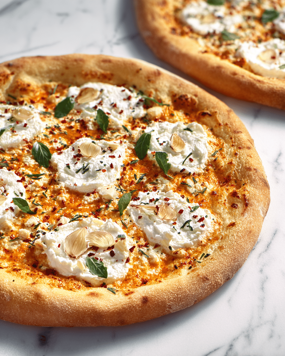 Two pizzas with thick, golden crusts rest on a white marbled surface. Each pizza has a melted orange cheese base topping the dough, with thick dollops of creamy white ricotta cheese spaced evenly on top. Scattered across the pizzas are thin, roasted garlic slices that are golden-brown and crispy. Fresh green herb leaves and small red chili flakes are sprinkled lightly over the cheese, adding color and texture contrast. The focus is on the close-up part of the pizzas showing detailed textures of the toppings and crust. Photo taken with an iphone --ar 4:5 --v 7