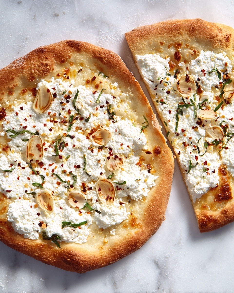 Two pizza slices are shown on a white marbled texture, each with a thick, golden-brown crust. The base layer is melted, slightly browned cheese covering the dough. On top of this are dollops of soft white ricotta cheese scattered in uneven patches, sprinkled with small green herb leaves and crushed red pepper flakes. Thin, toasted garlic slices are placed over the ricotta, adding texture and a light golden color. The photo is taken with an iphone --ar 4:5 --v 7