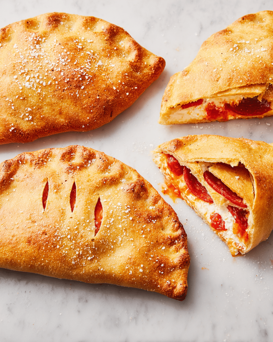 Two golden brown calzones with a slightly crispy texture and coarse salt sprinkled on top sit on a white marbled surface. One calzone remains whole with small slits on its top for ventilation, while the other is cut in half, showing three layers inside: the light orange-red tomato sauce spread unevenly on the bottom, circular slices of reddish pepperoni on top of the sauce, and a creamy white ricotta cheese layer mingling with the sauce. The dough looks soft and thick, with a lightly browned crust around the edges. Photo taken with an iphone --ar 4:5 --v 7