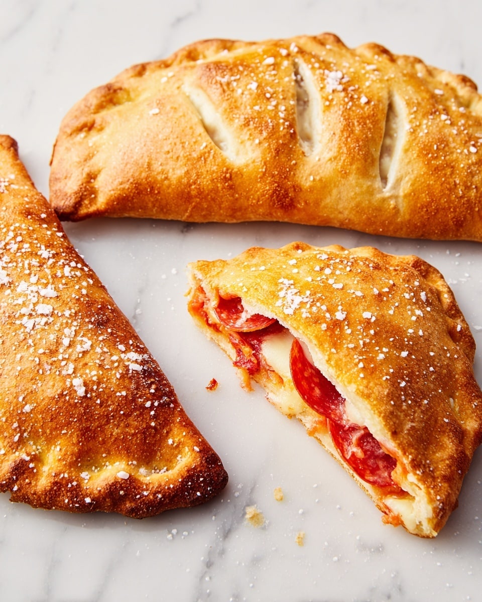 A golden-brown calzone with a slightly shiny crust is shown on a white marbled surface, sprinkled with coarse salt on top. The whole calzone has three small slits on the upper side for ventilation. One calzone is cut open, revealing layers inside: a bright red tomato sauce layer, a layer of melted white cheese, and slices of red pepperoni, all enveloped by the light, airy bread dough with a slightly crispy texture. The inside layers are thick and rich, bursting slightly out of the open calzone. photo taken with an iphone --ar 4:5 --v 7