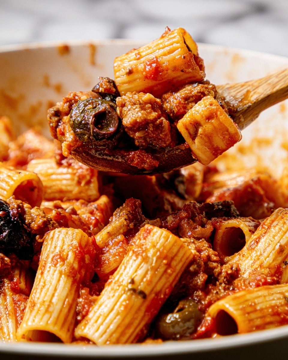 The image shows a close-up of cooked rigatoni pasta mixed with a rich red tomato sauce and pieces of cooked meat and black olives. The rigatoni pasta is tube-shaped with ridges, coated evenly in the savory sauce, giving it a shiny and slightly chunky texture. The meat pieces are browned and mixed well throughout, adding a hearty texture, while the black olives provide a dark contrast in color. The dish is in a white bowl with some sauce stains on the sides, and a wooden spoon is lifting a portion of the pasta and meat mix. The background is a white marbled texture. photo taken with an iphone --ar 4:5 --v 7