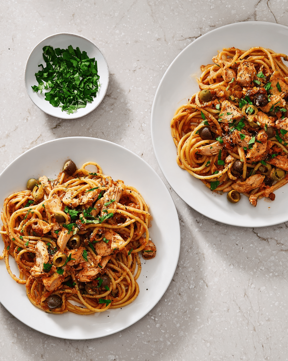 Two white plates of pasta are shown on a white marbled surface. Each plate has one layer of thick spaghetti mixed with a reddish-brown tomato-based sauce, scattered with pieces of light brown cooked chicken, sliced green and black olives, and small bits of green herbs on top. To the left side, there is a small white bowl filled with chopped fresh green herbs. The pasta looks lightly coated with sauce and garnished with some black pepper and more green herbs. Photo taken with an iphone --ar 4:5 --v 7