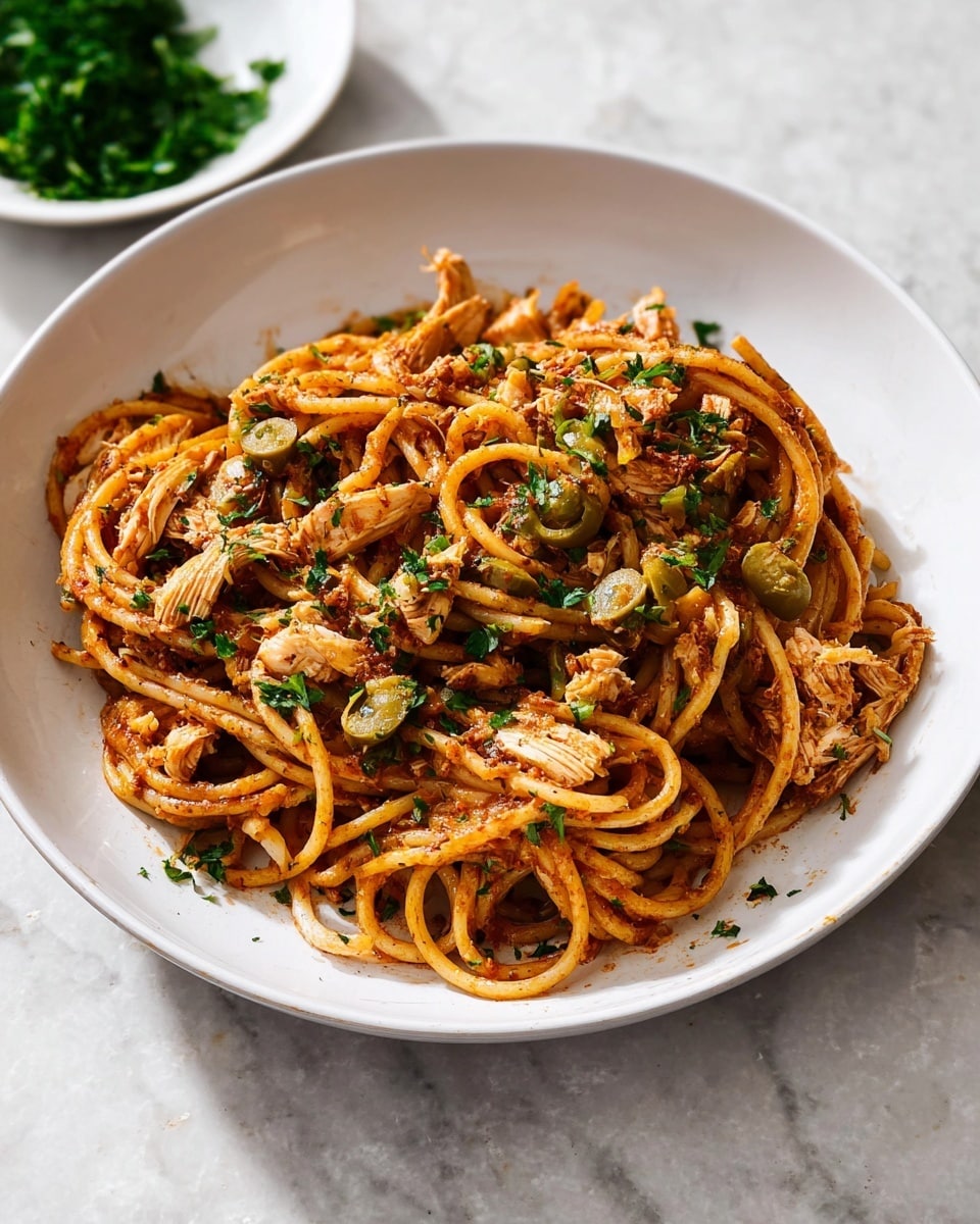 A white shallow bowl holds a serving of thick spaghetti noodles coated in a reddish-brown sauce, with visible herbs and spices giving a textured look. Mixed throughout the pasta are pieces of light brown cooked chicken and green sliced olives. Small bits of fresh green parsley are sprinkled over the top, adding a bright contrast. The bowl is placed on a white marbled surface, and in the background, a small white bowl contains more chopped parsley. The lighting highlights the shine on the sauce-covered noodles and freshness of the toppings. photo taken with an iphone --ar 4:5 --v 7