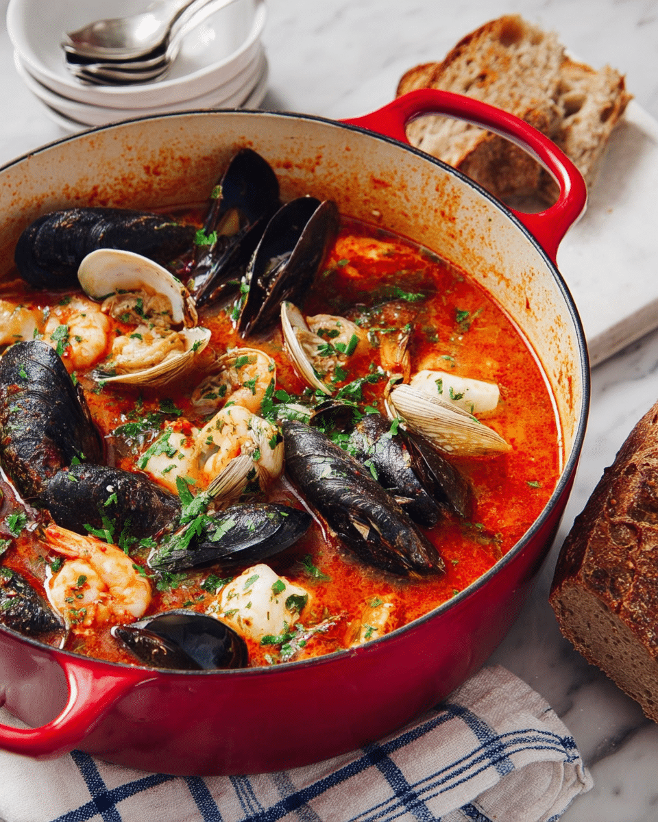 A large red pot filled with a rich, red-orange seafood stew that has a slightly oily surface. The stew contains several layers of seafood including dark blue-black mussels, beige clams with open shells, pink shrimp, and small white chunks of fish, all scattered evenly across the top. Green herbs are sprinkled over the stew, adding freshness and color contrast. The pot is placed on a white marbled surface with a piece of brown bread and two stacked white bowls with silver spoons on a white and blue checkered cloth nearby. Photo taken with an iphone --ar 4:5 --v 7