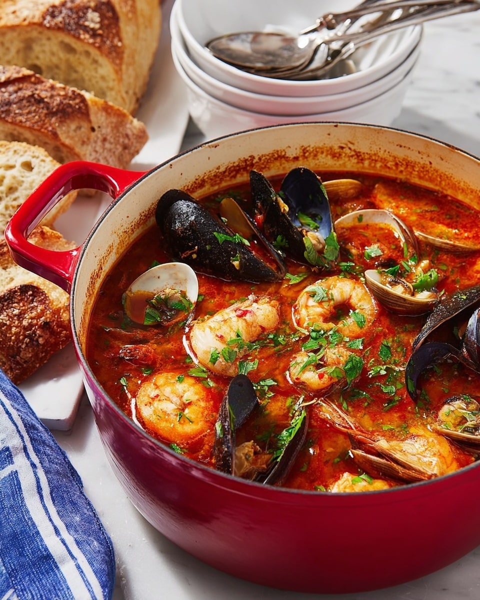 A red pot filled with a rich, red seafood stew with visible layers of shrimp, black mussels, and light brown clams mixed in a thick, orange-red broth sprinkled with chopped green herbs on top. The pot has a glossy shine and a sturdy red handle on the left side. To the left of the pot, pieces of crusty brown bread rest near a blue and white striped cloth. Behind the pot, two nested white bowls with shiny silver forks inside sit on a white marbled surface. photo taken with an iphone --ar 4:5 --v 7