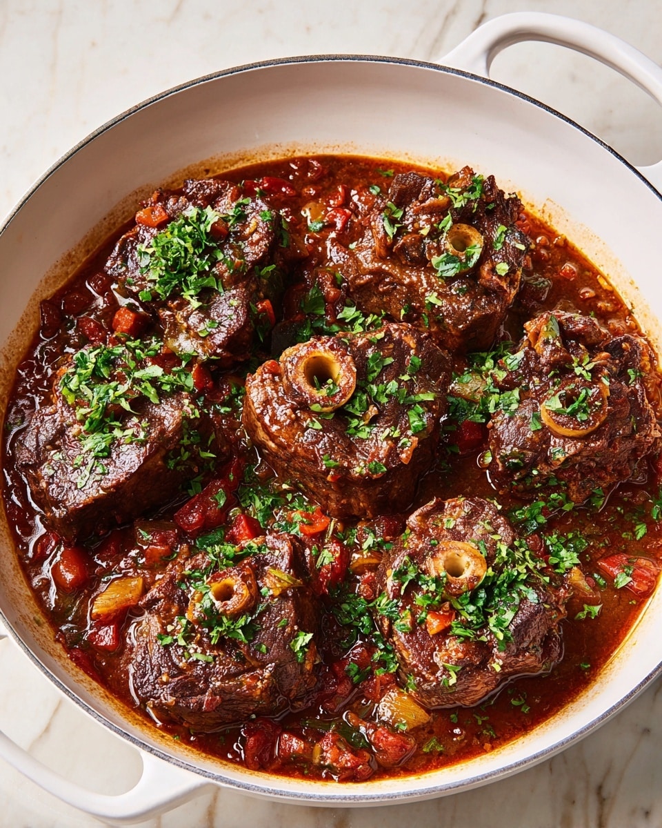 A white pan filled with several thick, dark brown meat pieces, each with a visible bone in the center, cooked in a rich, deep red-brown sauce with small chunks of red and brown vegetables. The dish is topped with fresh green chopped herbs scattered evenly on the meat and sauce. The pan has a white handle on the left side and is placed on a white marbled surface. Photo taken with an iphone --ar 4:5 --v 7