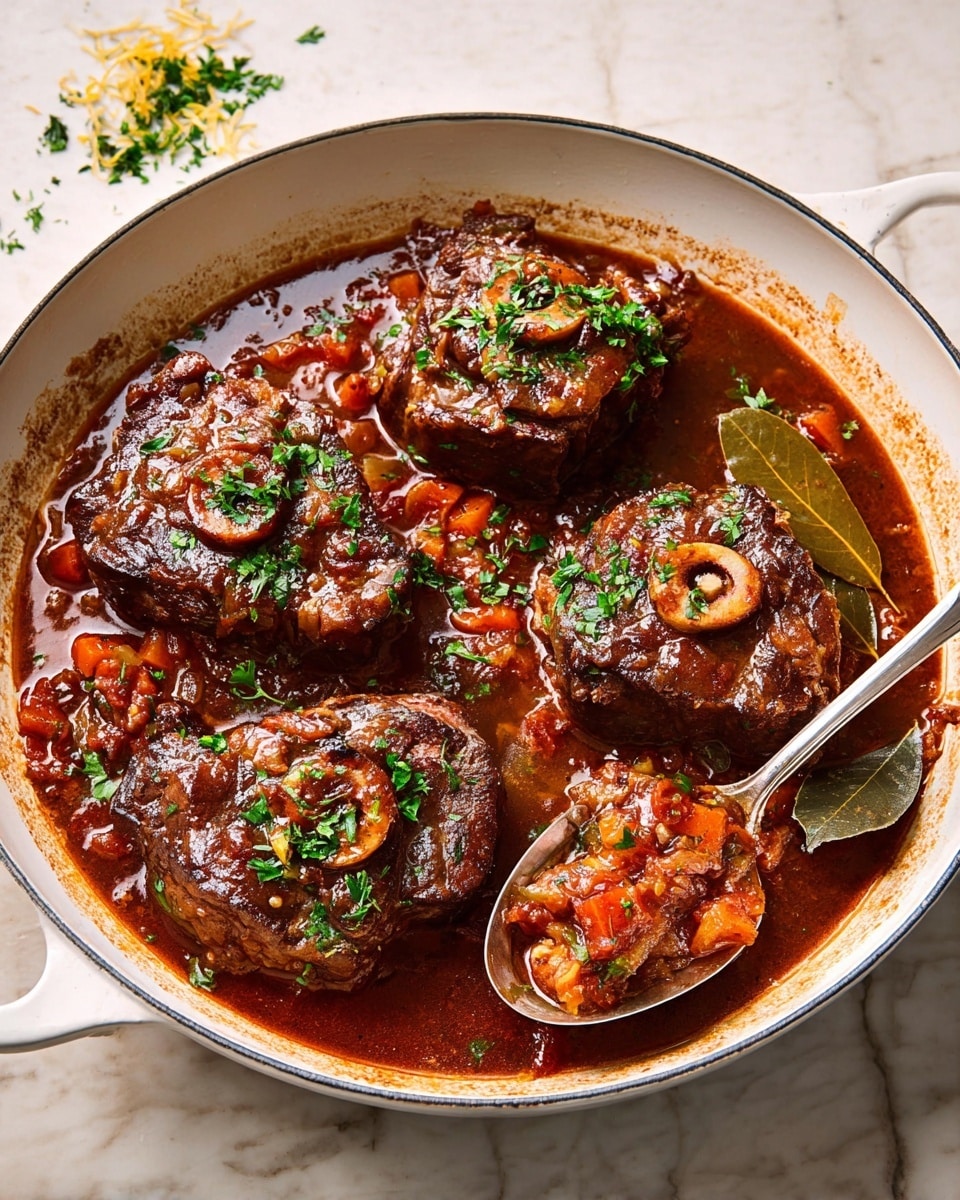 A white, deep pan holds four thick pieces of browned braised meat with round bones in the center, sitting in a rich, dark reddish-brown sauce filled with small diced orange carrots and other finely chopped vegetables. The top of each meat piece is sprinkled with fresh chopped green herbs, adding a bright contrast. A bay leaf rests in the sauce near the back. A metal spoon rests on the white marbled surface beside the pan, holding some of the chunky sauce with bits of vegetables. Small herb pieces and a bit of grated yellow zest are scattered on the surface around the pan. The image emanates a warm, hearty feeling. photo taken with an iphone --ar 4:5 --v 7