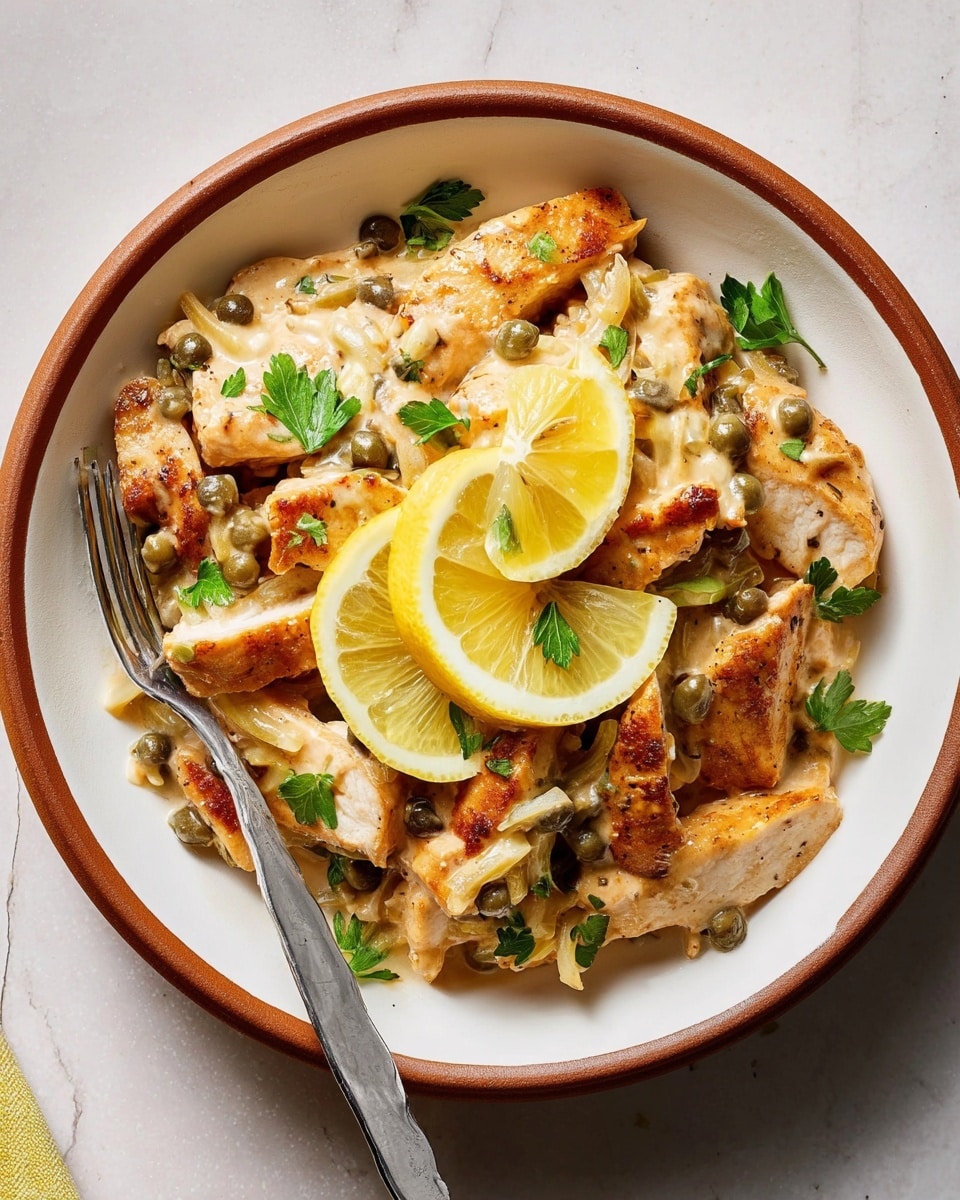 A close-up of a white bowl with a brown rim holds a creamy chicken dish. The dish has two main layers: sliced golden-brown chicken pieces on top and a creamy sauce mixed with small bits of onion and capers underneath. Three bright yellow lemon slices with a white pith and seeds rest on top, partially embedded in the chicken and sauce. Bright green parsley leaves are scattered evenly across the dish, adding fresh color contrast. A silver fork rests on the left side inside the bowl. The bowl sits on a white marbled surface with a soft texture. Photo taken with an iphone --ar 4:5 --v 7