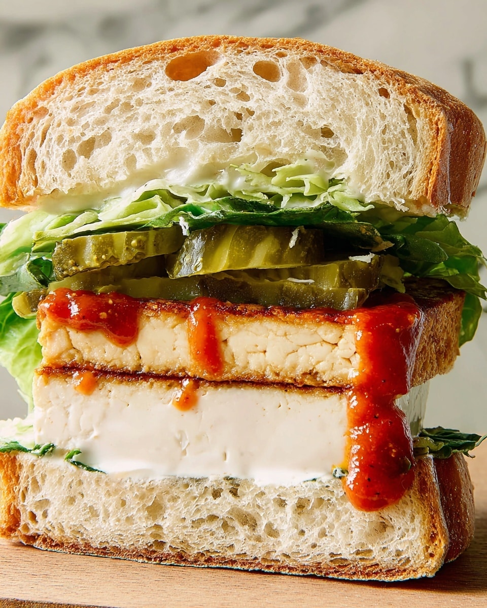 A close-up side view of a thick sandwich cut in half to show four distinct layers inside soft, airy bread with a golden crust. From bottom to top, the first layer is a spread of creamy white sauce on the bottom slice of bread. Above that, there is a fresh, bright green lettuce leaf with visible texture. The third layer is a thick, firm block of light beige tofu with a crispy, browned crust on the edges. On top of the tofu are slices of green pickles covered partially by a bright red sauce dripping slightly down the sides. The sandwich is held against a white marbled surface. photo taken with an iphone --ar 4:5 --v 7