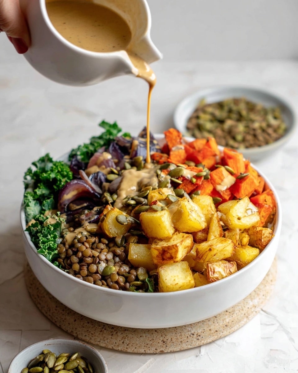 A white bowl filled with a colorful layered dish sits on a white marbled textured surface. The bowl has three main layers: a bed of green leafy kale at the bottom, topped with slices of roasted orange carrots mixed with pieces of roasted purple onions and sprinkled with green pumpkin seeds, and then a generous layer of chunky, roasted golden-yellow potatoes on one side, and brown cooked lentils on the other. A light brown creamy sauce is being poured from a white jug held by a woman's hand above the bowl, drizzling over the carrots and lentils. A small bowl of pumpkin seeds sits nearby on the white marbled surface. Photo taken with an iphone --ar 4:5 --v 7