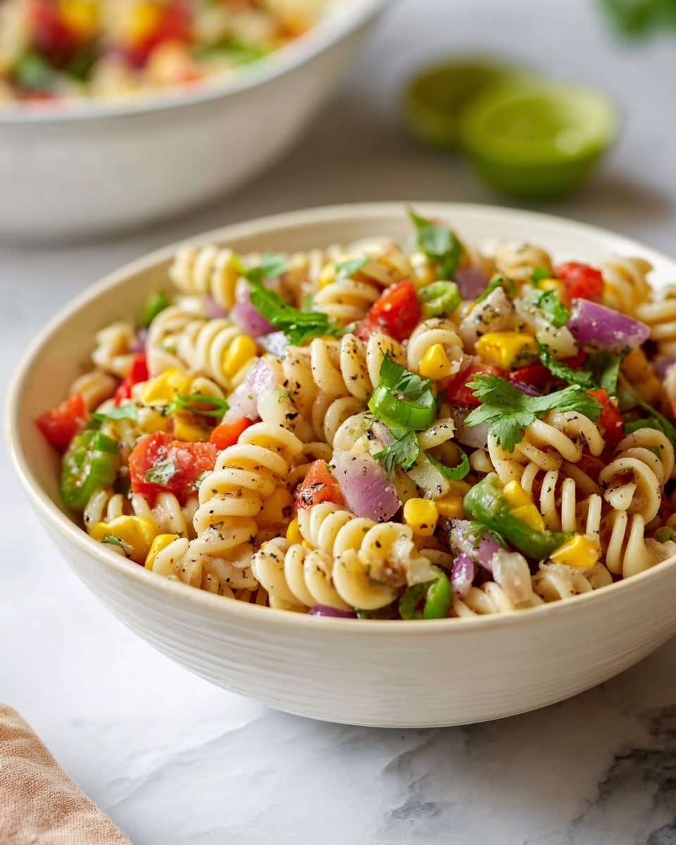 A bowl of pasta salad features three main layers: the bottom layer shows light beige rotini pasta with a spiral shape, the middle layer displays vibrant chopped vegetables including red bell peppers, yellow corn kernels, purple onions, and green scallions, and the top layer is sprinkled with fresh green cilantro leaves and cracked black pepper. The salad is served in a white bowl sitting on a white marbled surface, with a blurred background showing a lime and another white bowl of pasta salad. photo taken with an iphone --ar 4:5 --v 7
