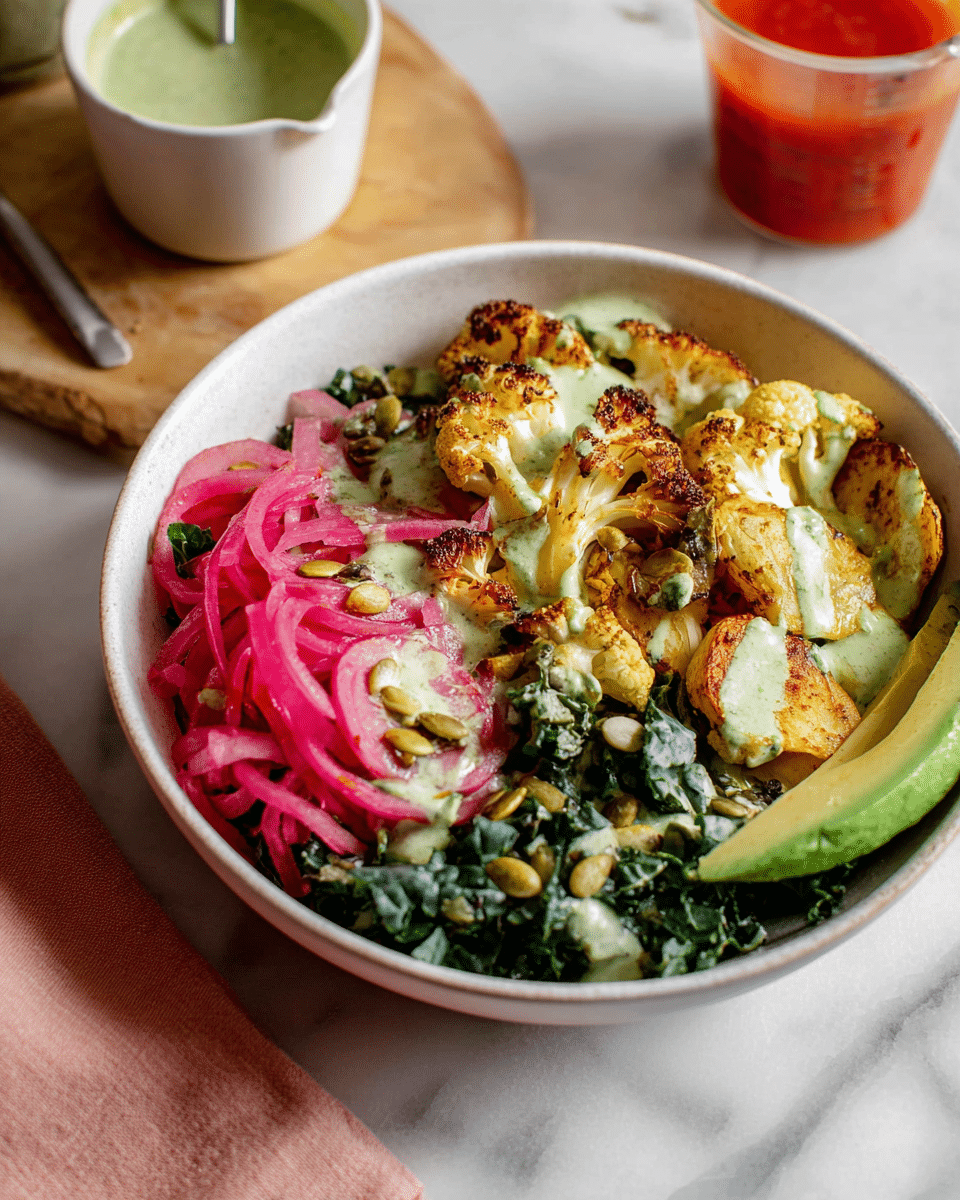 A white bowl with roasted cauliflower pieces, creamy golden potato halves drizzled with light green sauce and sprinkled with pumpkin seeds sits on a white marbled surface. On the side, there is a layer of pink pickled onions with a curly texture. Below these ingredients, finely chopped dark green kale serves as a fresh base. To the right, slices of bright green avocado add smooth texture. Behind the bowl, a white bowl with green sauce and a measuring cup containing a red liquid sit on a wooden board. Photo taken with an iphone --ar 4:5 --v 7