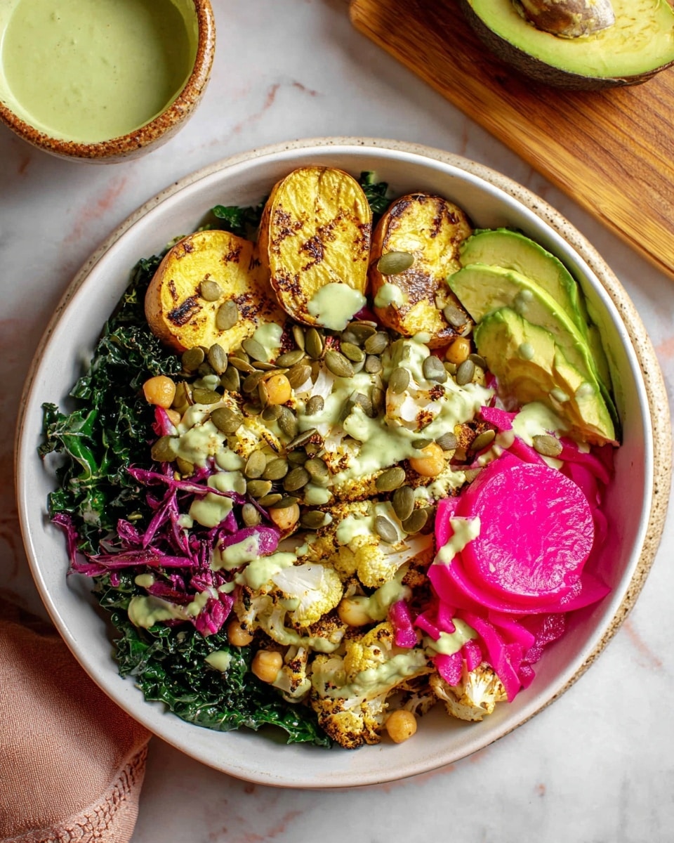 A white bowl holds a colorful healthy dish with several layers: the bottom layer is dark green leafy kale and bright purple shredded beets, next to vibrant pink pickled onions, then two halves of golden roasted potatoes topped with light green sauce and pumpkin seeds in the center, surrounded by roasted cauliflower pieces with a slight char and chickpeas drizzled with the same green sauce, and some fresh avocado slices on the right edge. The bowl sits on a white marbled texture, with a light green creamy sauce in a bowl near the top left and a cut avocado on a wooden board in the top right corner. photo taken with an iphone --ar 4:5 --v 7