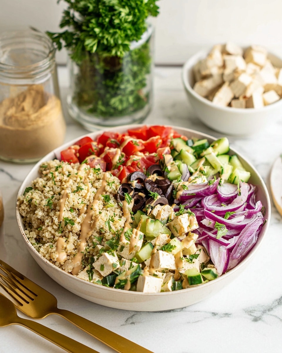 A white bowl contains a colorful layered salad with six main sections. Starting from the left, there is a light beige grain layer with a grainy texture, topped with a light drizzle of creamy sauce and green herbs. Moving clockwise, there is a chunk of beige hummus cream. Next, bright red diced tomatoes sit beside fresh green diced cucumber pieces. Following that is a layer of white tofu cubes with herbs. Then, thin purple red onion slices form another section, topped with black olives. All layers are sprinkled with small green herbs, and a light brown creamy dressing is drizzled over the whole dish. In the background, there is a clear jar with fresh green parsley and a white bowl with cubed tofu, all set against a white marbled surface with gold-toned utensils nearby. Photo taken with an iphone --ar 4:5 --v 7