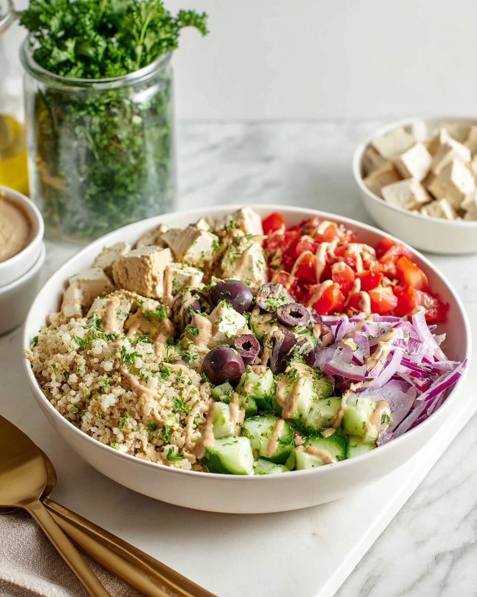 A bowl of fresh kale salad sits on a white marbled surface, filled with dark green curly kale leaves as the base layer, mixed with light beige cubes of tofu and small pieces of cucumber with a pale green skin and white inside. Scattered throughout are chunks of bright red tomato and thin slices of purple onion. There are also a few dark purple olives mixed in. The salad is topped with a creamy, light tan dressing drizzled over it. In the blurry background, a white bowl holds small light beige croutons or pieces of bread. Photo taken with an iphone --ar 4:5 --v 7