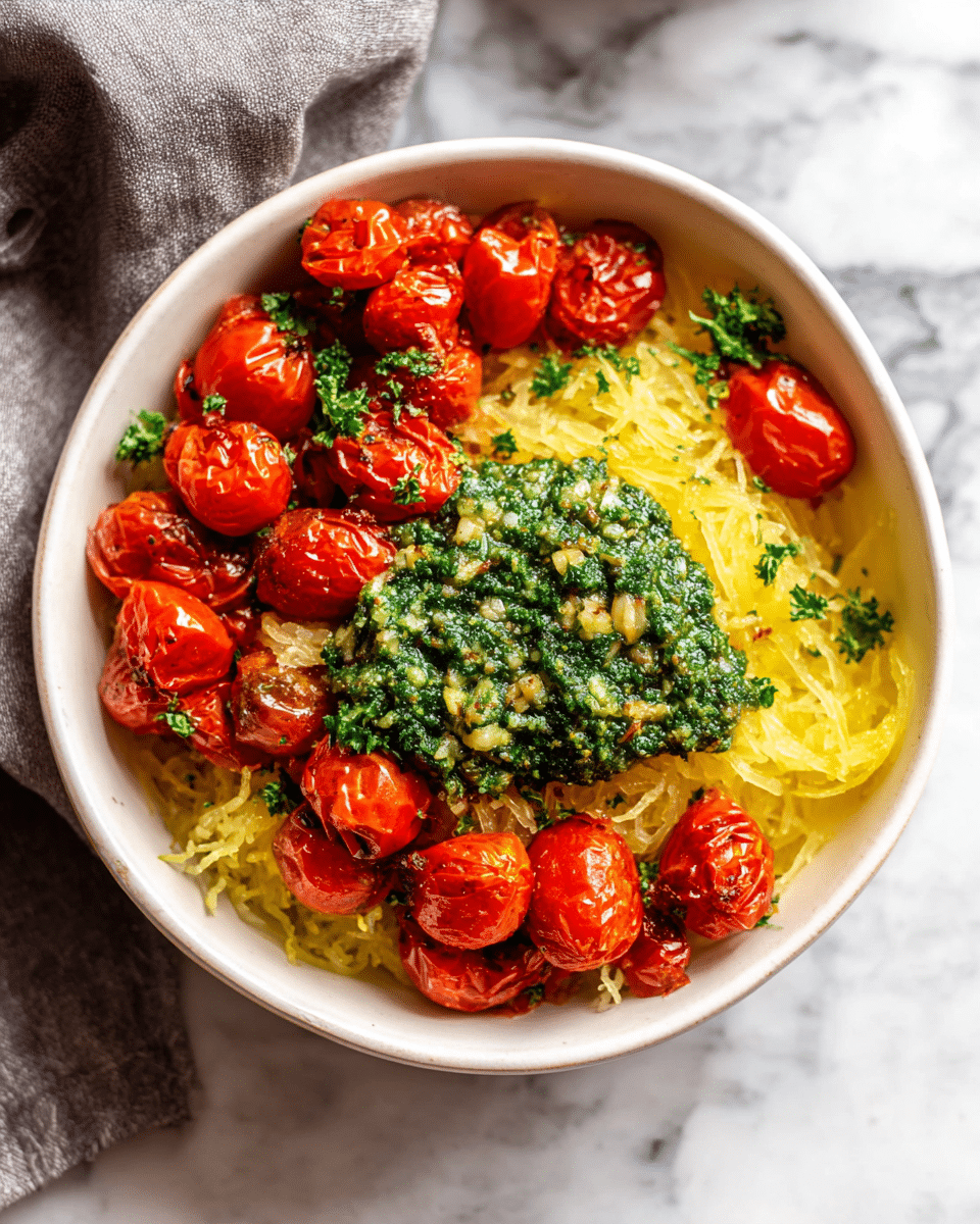 A white bowl holds a layered dish starting with a base of cooked spaghetti squash, shown as thin, stringy strands in light yellow. On top of the squash is a thick layer of green pesto sauce with visible bits of nuts and herbs, spread unevenly in the middle. Surrounding the pesto are whole and halved roasted cherry tomatoes, bright red and slightly wrinkled, scattered across the bowl. Small pieces of fresh green parsley are sprinkled lightly over the top. The bowl sits on a white marbled surface, and in the background, there is a gray cloth partially visible. photo taken with an iphone --ar 4:5 --v 7