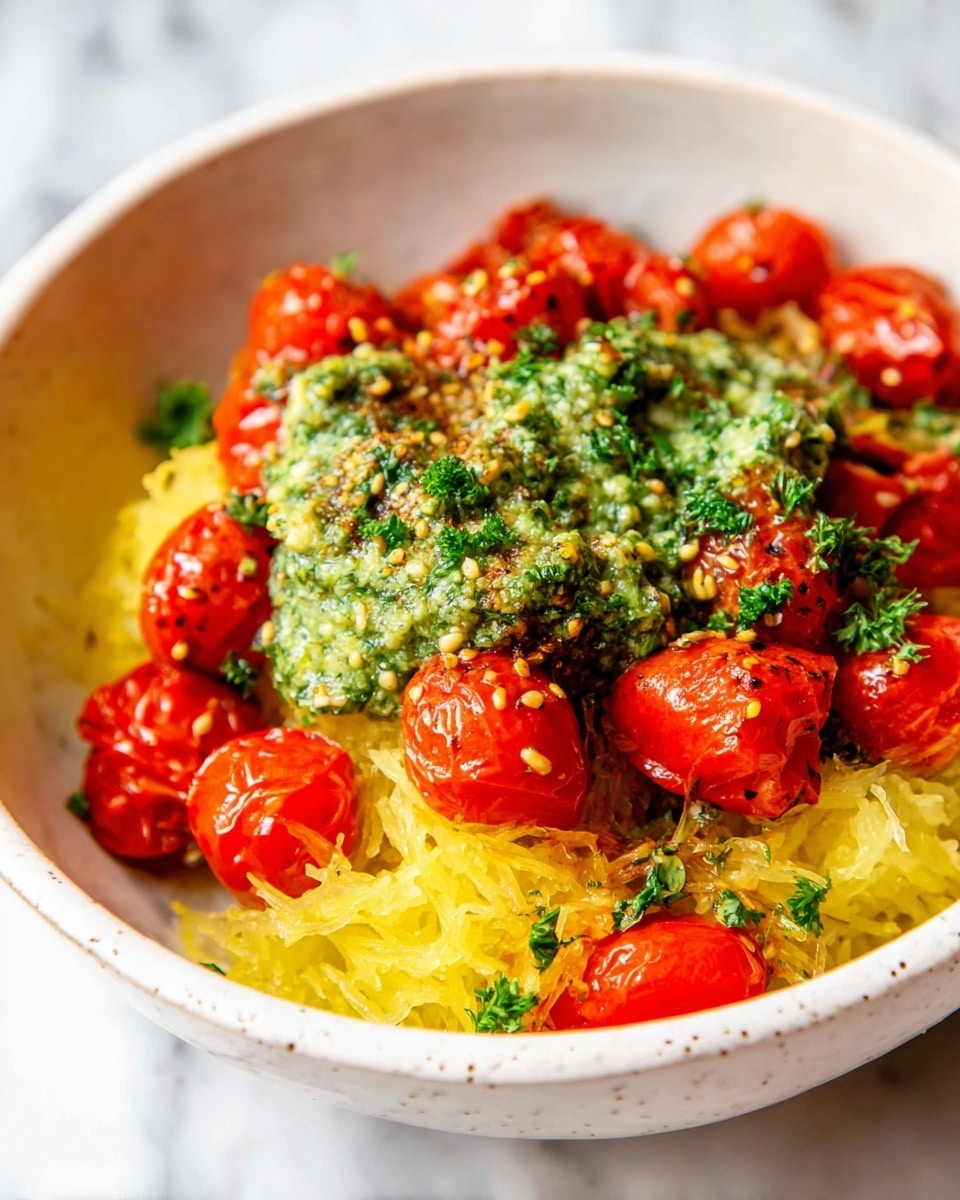 In a white speckled bowl on a white marbled surface, there is a layered dish starting with soft, yellow spaghetti squash strands as the base. On top of the squash is a thick, textured layer of green pesto sauce with visible small mustard seeds and herbs. Scattered generously over the pesto and squash are bright red roasted grape tomatoes, slightly wrinkled and shiny from roasting. Some green parsley leaves are sprinkled around the edge, adding contrast to the colors. The overall dish looks fresh, vibrant, and ready to eat. photo taken with an iphone --ar 4:5 --v 7