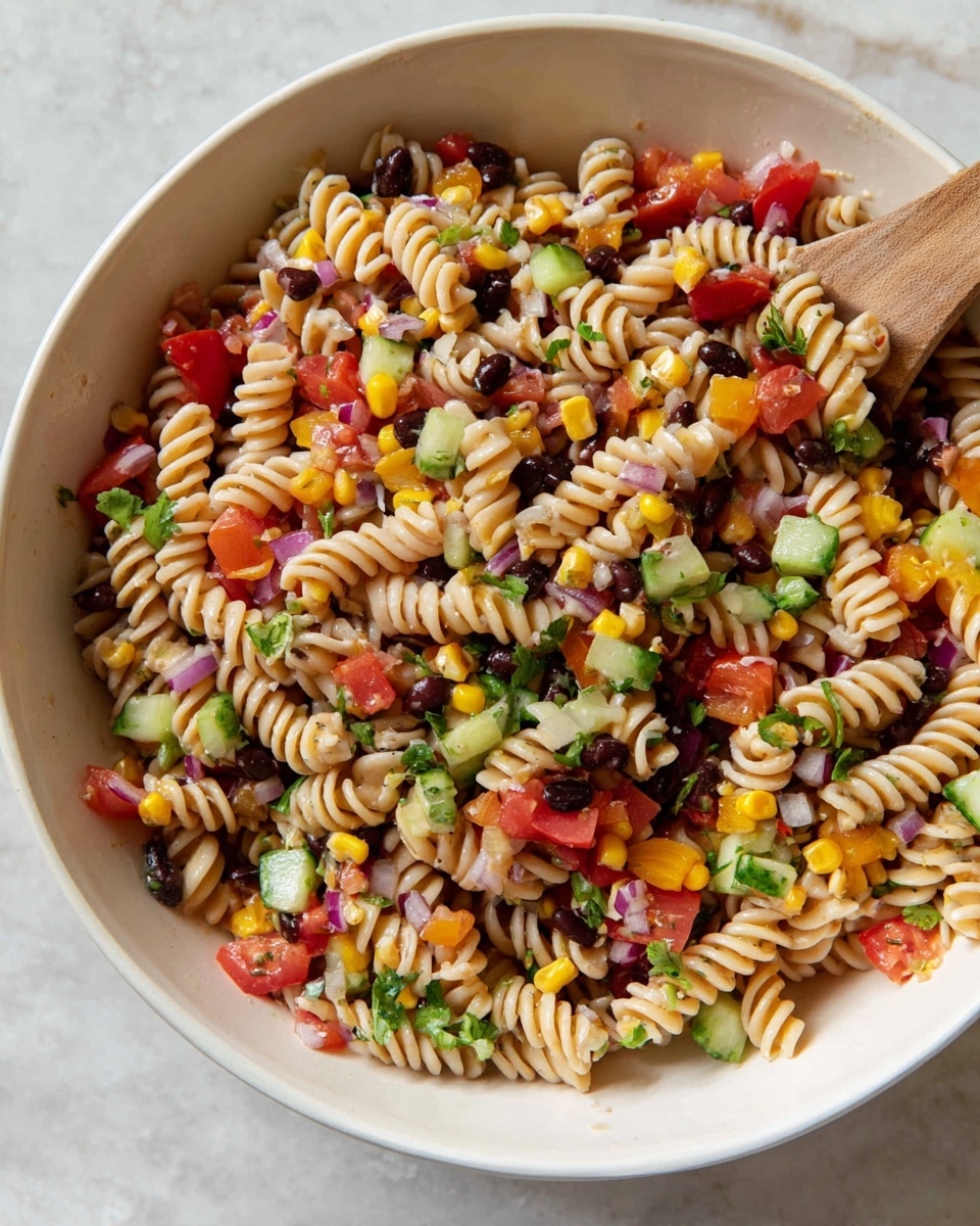 A white bowl filled with a colorful pasta salad shows three main layers mixed together; the first layer is spiral-shaped pasta in a pale beige color with a smooth, slightly shiny texture, scattered evenly throughout. Mixed within the pasta are small diced pieces of bright red tomatoes and yellow bell peppers, along with dark black beans, soft yellow corn kernels, and finely chopped purple onion adding texture and stronger colors in the second layer. The third layer includes small diced green cucumber and sprigs of fresh green cilantro that add freshness and contrast near the top, all against a white marbled surface with a wooden spoon partly visible on the left edge. photo taken with an iphone --ar 4:5 --v 7