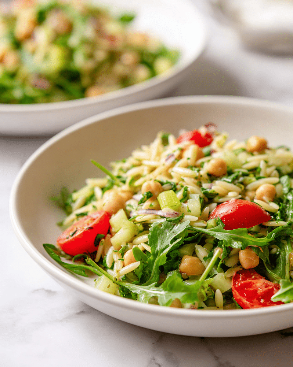 A close-up of a fresh salad in a white bowl shows a mix of green arugula leaves, small chunks of celery, and pale green orzo pasta, creating a textured bottom layer. Scattered atop are light beige chickpeas and bright red cherry tomato halves, adding pops of color and round shapes, mixed evenly throughout. The salad looks fresh and lightly dressed, with hints of herbs and a few thin slices of red onion visible among the layers. In the blurred background, another white bowl with the same salad is partly visible on a white marbled surface. photo taken with an iphone --ar 4:5 --v 7
