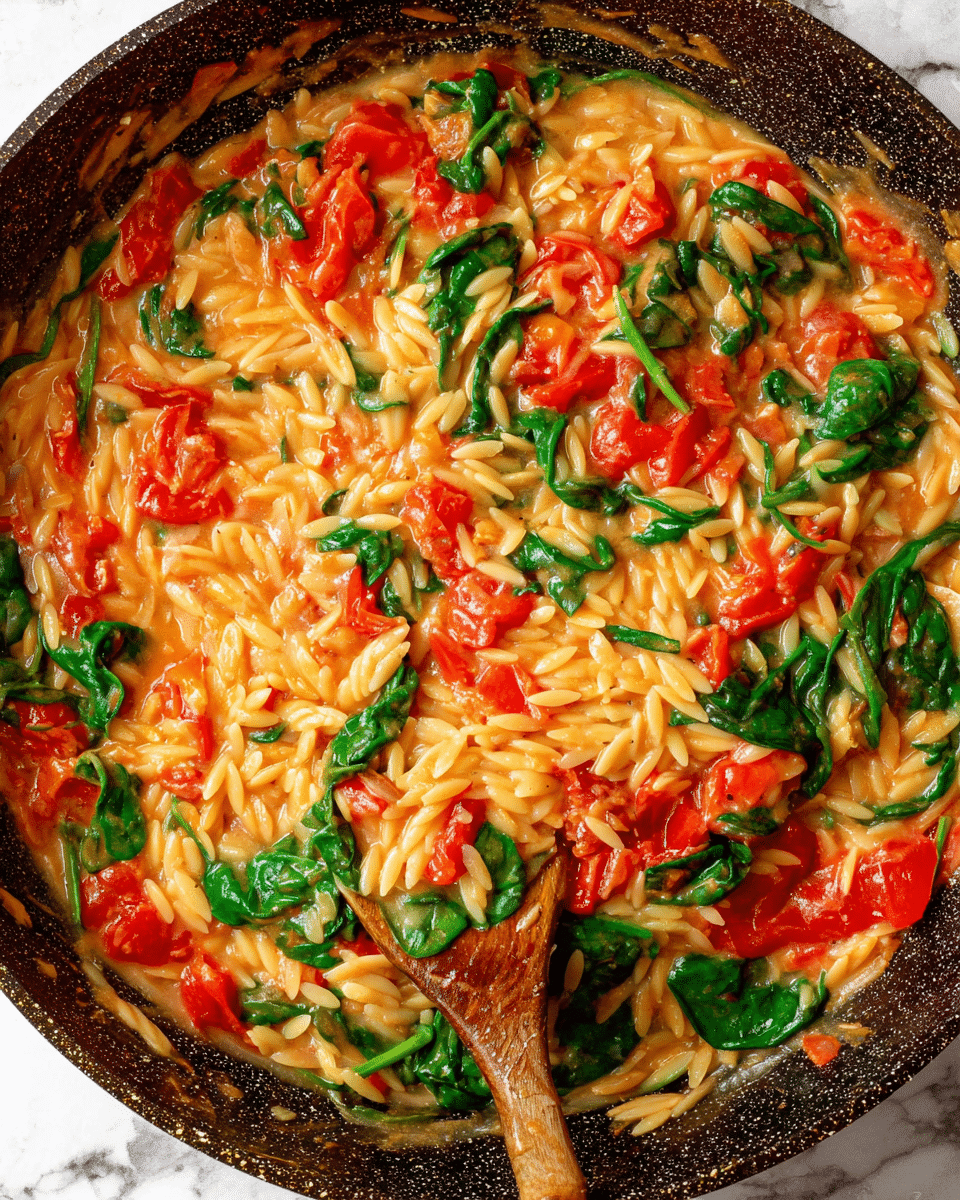 A close-up of a skillet filled with a creamy orzo dish with tomato and spinach. The first layer is the small, pale yellow orzo pasta, mixed evenly throughout the pan. The second layer is bright red tomato chunks scattered on top and mixed inside, creating a fresh look. Fresh spinach leaves with a deep green color are spread over the pasta and tomatoes, adding color contrast. The sauce is creamy and light orange, coating the orzo and tomatoes lightly. The skillet has a dark, speckled surface, sitting on a white marbled textured background. A wooden spoon with some sauce and pasta on it rests at the bottom right inside the skillet. photo taken with an iphone --ar 4:5 --v 7