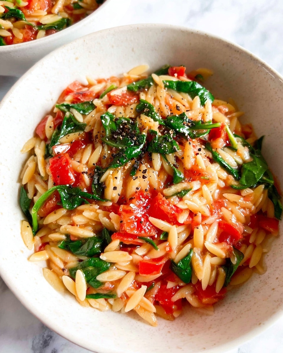 A close-up view of a white bowl filled with a colorful dish made of small, light golden orzo pasta mixed evenly with bright red tomato chunks and fresh, deep green spinach leaves, layered together showing a glossy, slightly saucy texture and sprinkled with coarse black pepper on top, all placed on a white marbled texture surface. Photo taken with an iphone --ar 4:5 --v 7