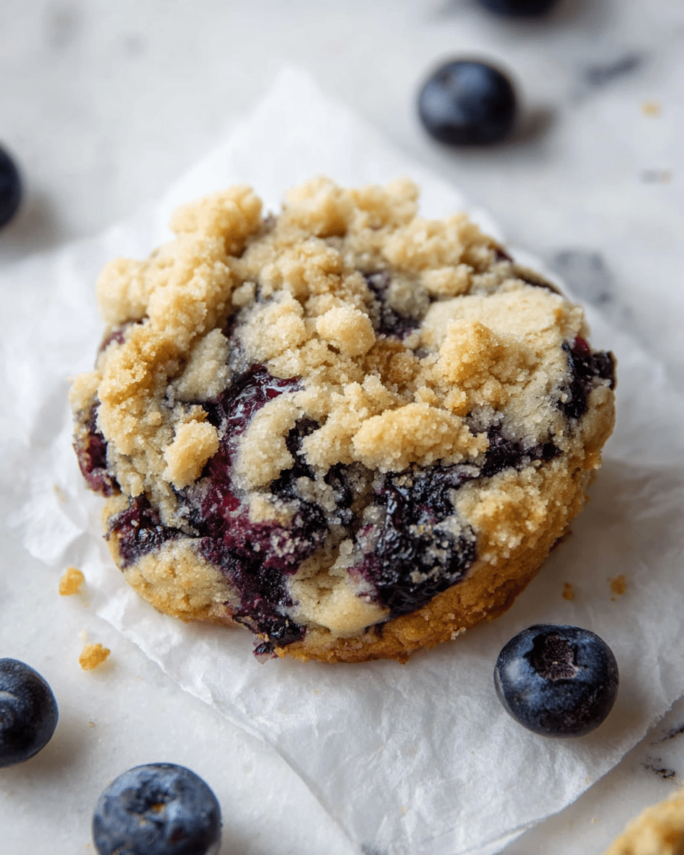 A close-up view of a blueberry muffin broken in half, showing two thick layers inside: a golden yellow cake layer filled with dark purple blueberries scattered throughout, and a crumbly light brown streusel topping with a rough texture sitting on top. A whole muffin with the same topping rests beside it on a white marbled surface, while fresh blueberries are scattered around and partly visible in a white flower-shaped bowl. The muffin's inside looks soft and moist, contrasting with the crisp crumbly top layer. Photo taken with an iphone --ar 4:5 --v 7